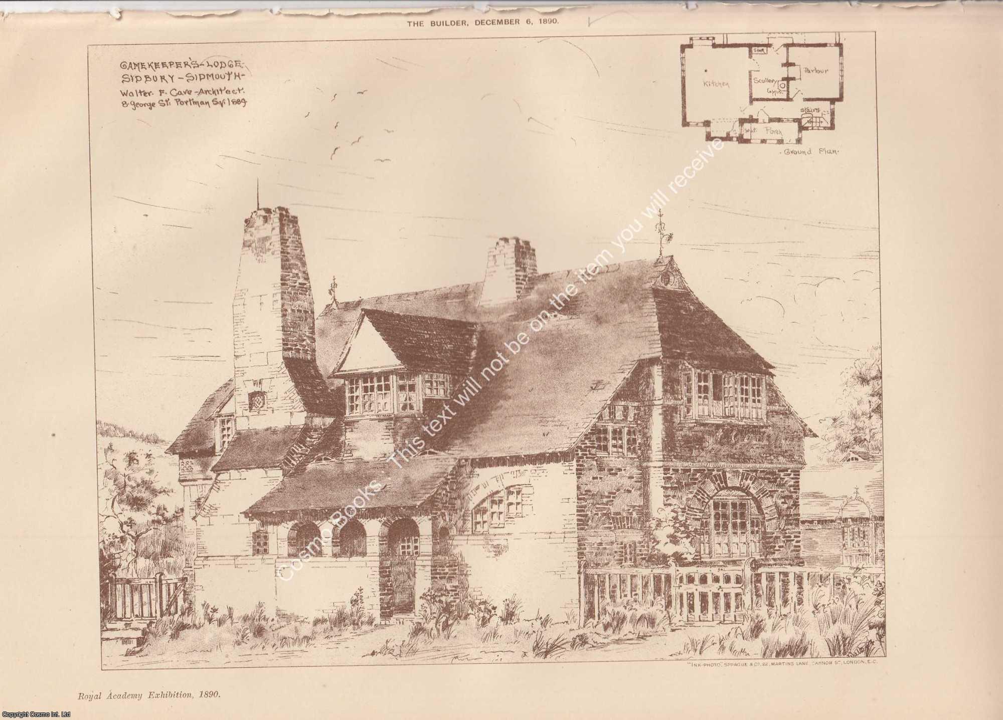 GAMEKEEPERS LODGE, SIDMOUTH - 1890 : Gamekeeper's Lodge: Sidbury, Sidmouth. Walter F. Cave, Architect. An original page from The Builder. An Illustrated Weekly Magazine, for the Architect, Engineer, Archaeologist, Constructor, & Art-Lover.