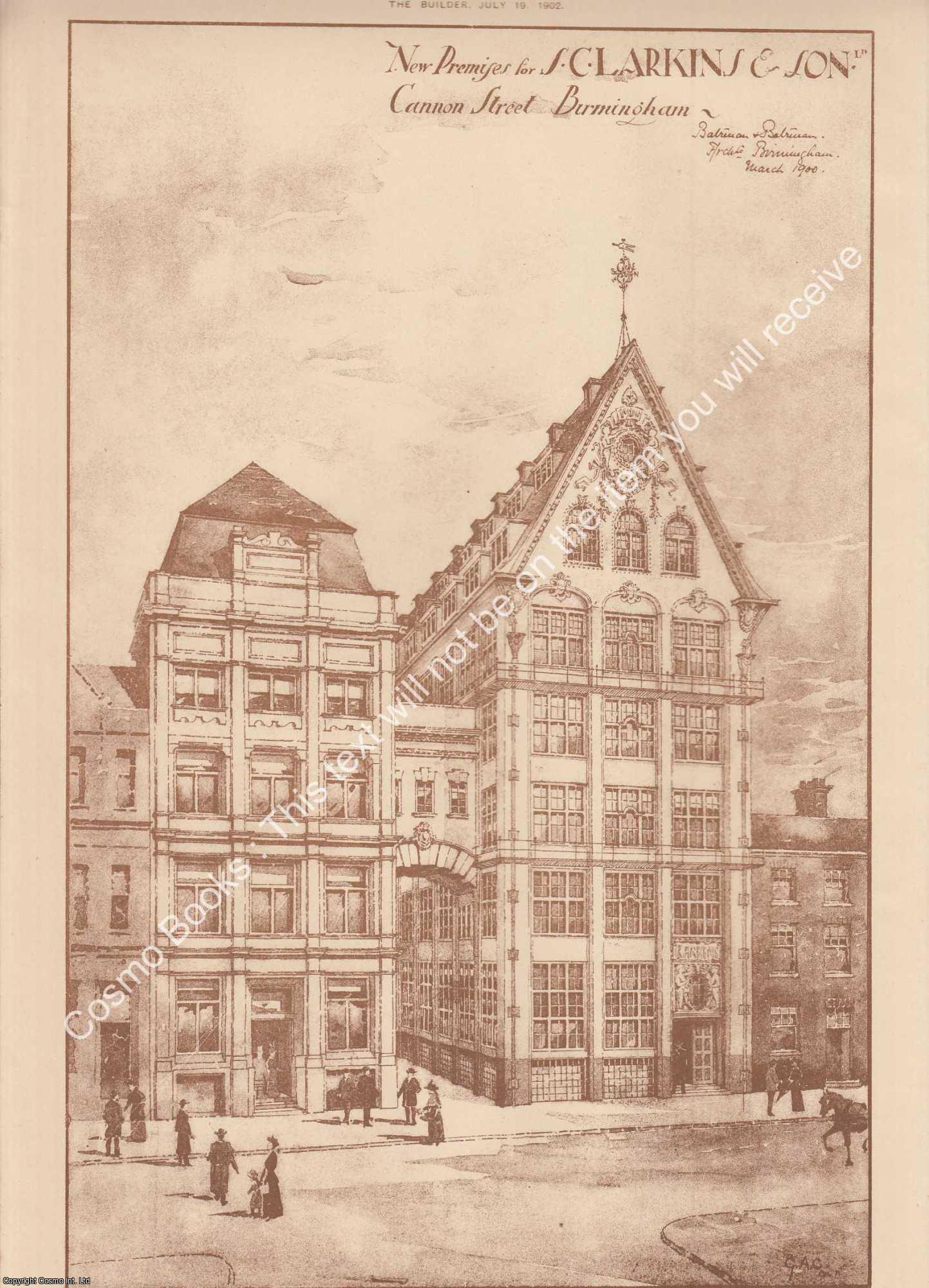 CANNON STREET, BIRMINGHAM - 1902 : New Premises for S. Clarkins and Son: Cannon Street, Birmingham. An original page from The Builder. An Illustrated Weekly Magazine, for the Architect, Engineer, Archaeologist, Constructor, & Art-Lover.