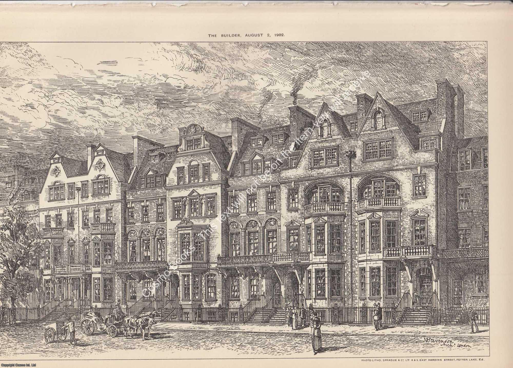 GROVESNOR ESTATE, BUCKINGHAM PALACE ROAD - 1902 : Houses on The Grosvenor Estate, Buckingham Palace Road. J. J. Stevenson, Architect. An original page from The Builder. An Illustrated Weekly Magazine, for the Architect, Engineer, Archaeologist, Constructor, & Art-Lover.