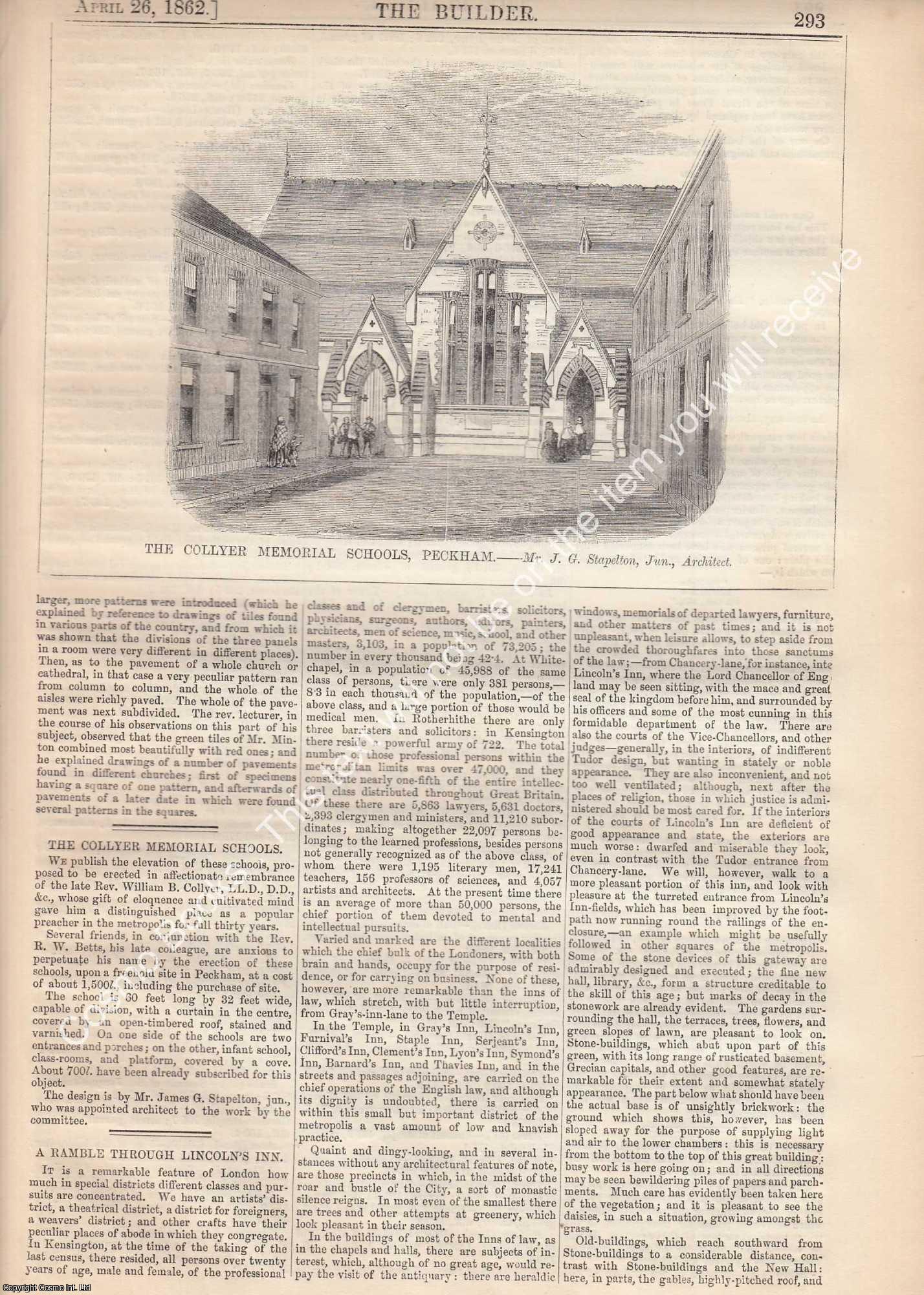 COLLYER MEMORIAL SCHOOLS, PECKHAM - 1862 : The Collyer Memorial Schools, Peckham. J. G. Stapleton, Architect. An original page from The Builder. An Illustrated Weekly Magazine, for the Architect, Engineer, Archaeologist, Constructor, & Art-Lover.