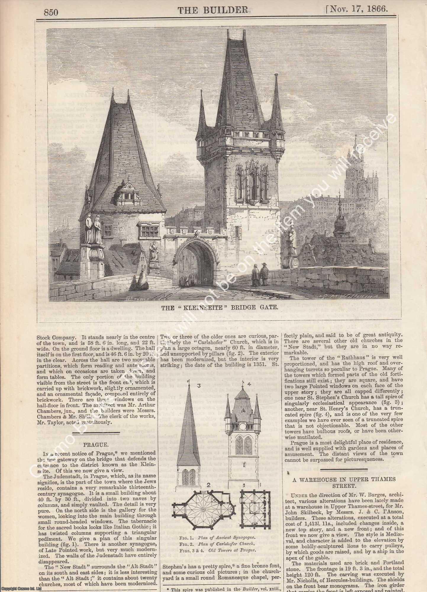 KLEINSEITE BRIDGE GATE - 1866 : The Kleinseite Bridge Gate. An original page from The Builder. An Illustrated Weekly Magazine, for the Architect, Engineer, Archaeologist, Constructor, & Art-Lover.