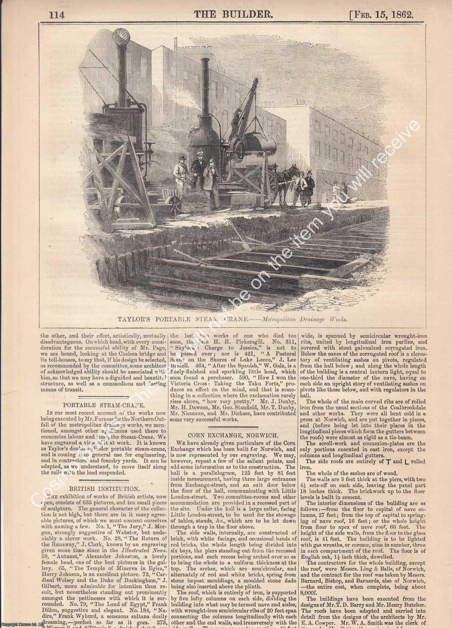 PORTABLE STEAM CRANE - 1862 : Taylor's Portable Steam Crane. An original page from The Builder. An Illustrated Weekly Magazine, for the Architect, Engineer, Archaeologist, Constructor, & Art-Lover.