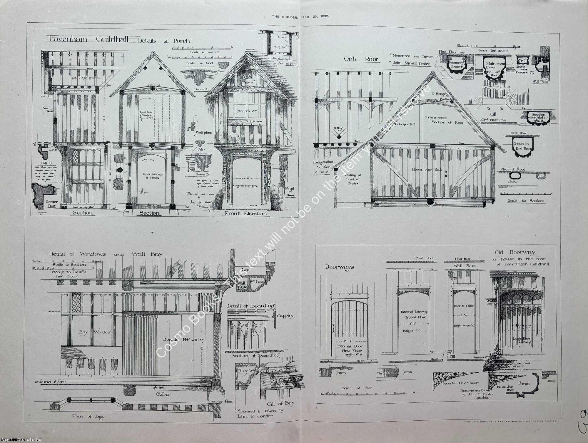 LAVENHAM GUILDHALL - 1892 : Lavenham Guildhall. Details of Porch, Roof, Windows and Doorways. An original page from The Builder. An Illustrated Weekly Magazine, for the Architect, Engineer, Archaeologist, Constructor, & Art-Lover.