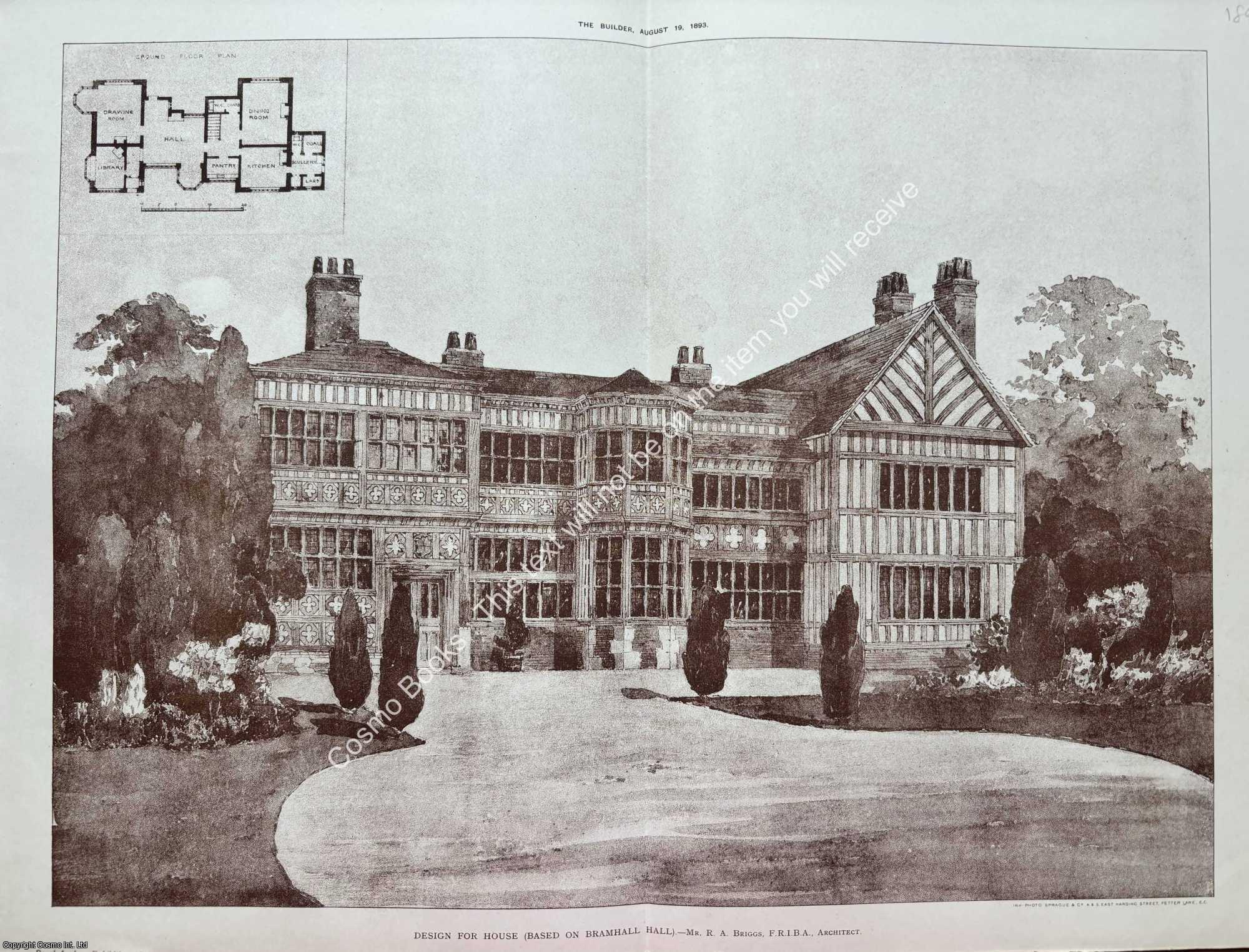 HOUSE - 1893 : Design for House Based on Bramhall Hall. R. A. Briggs, Architect. An original page from The Builder. An Illustrated Weekly Magazine, for the Architect, Engineer, Archaeologist, Constructor, & Art-Lover.
