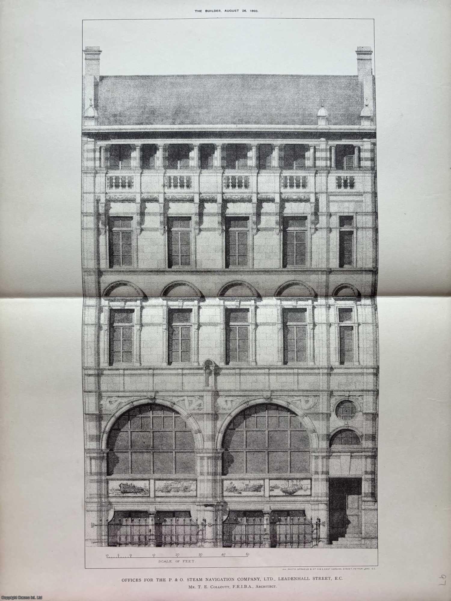 OFFICES FOR P&O STEAM NAVIGATION COMPANY - 1893 : Offices for The P&O Steam Navigation Company Ltd, Leadenhall Street. T. E. Collcutt. An original page from The Builder. An Illustrated Weekly Magazine, for the Architect, Engineer, Archaeologist, Constructor, & Art-Lover.