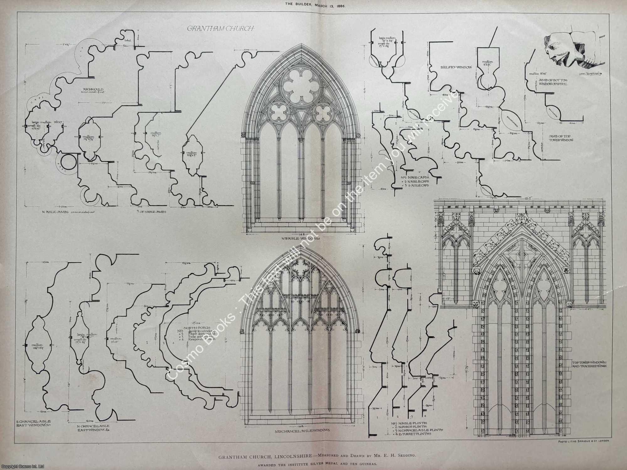 GRANTHAM CHURCH, LINCOLNSHIRE - 1886 : Grantham Church, Lincolnshire. An original page from The Builder. An Illustrated Weekly Magazine, for the Architect, Engineer, Archaeologist, Constructor, & Art-Lover.