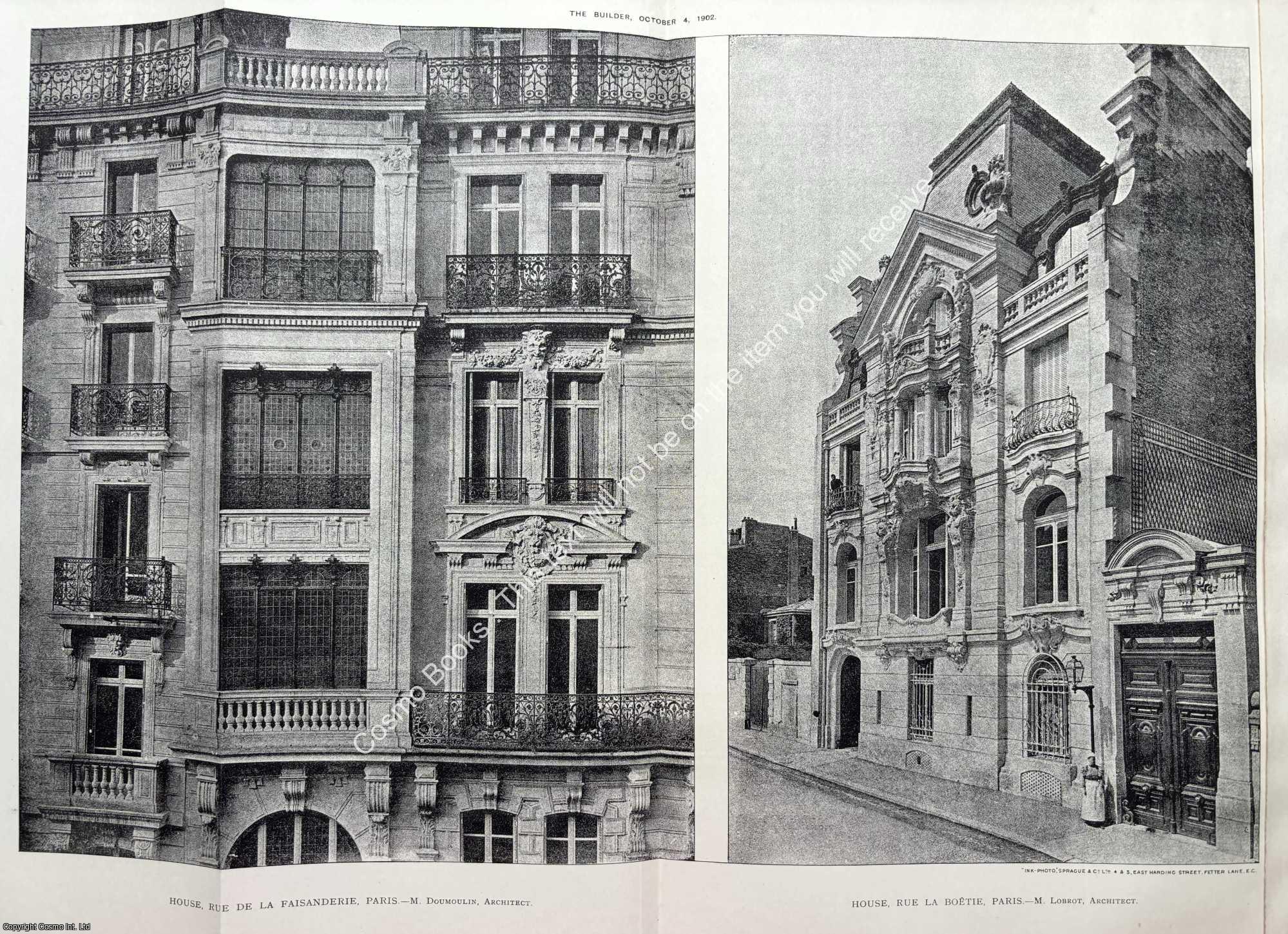 HOUSE RUE DE LA FAISANDERIE, PARIS - 1902 : House, Rue de la Faisanderie, Paris. M. Doumoulin and M. Lobrot, Architects. An original page from The Builder. An Illustrated Weekly Magazine, for the Architect, Engineer, Archaeologist, Constructor, & Art-Lover.