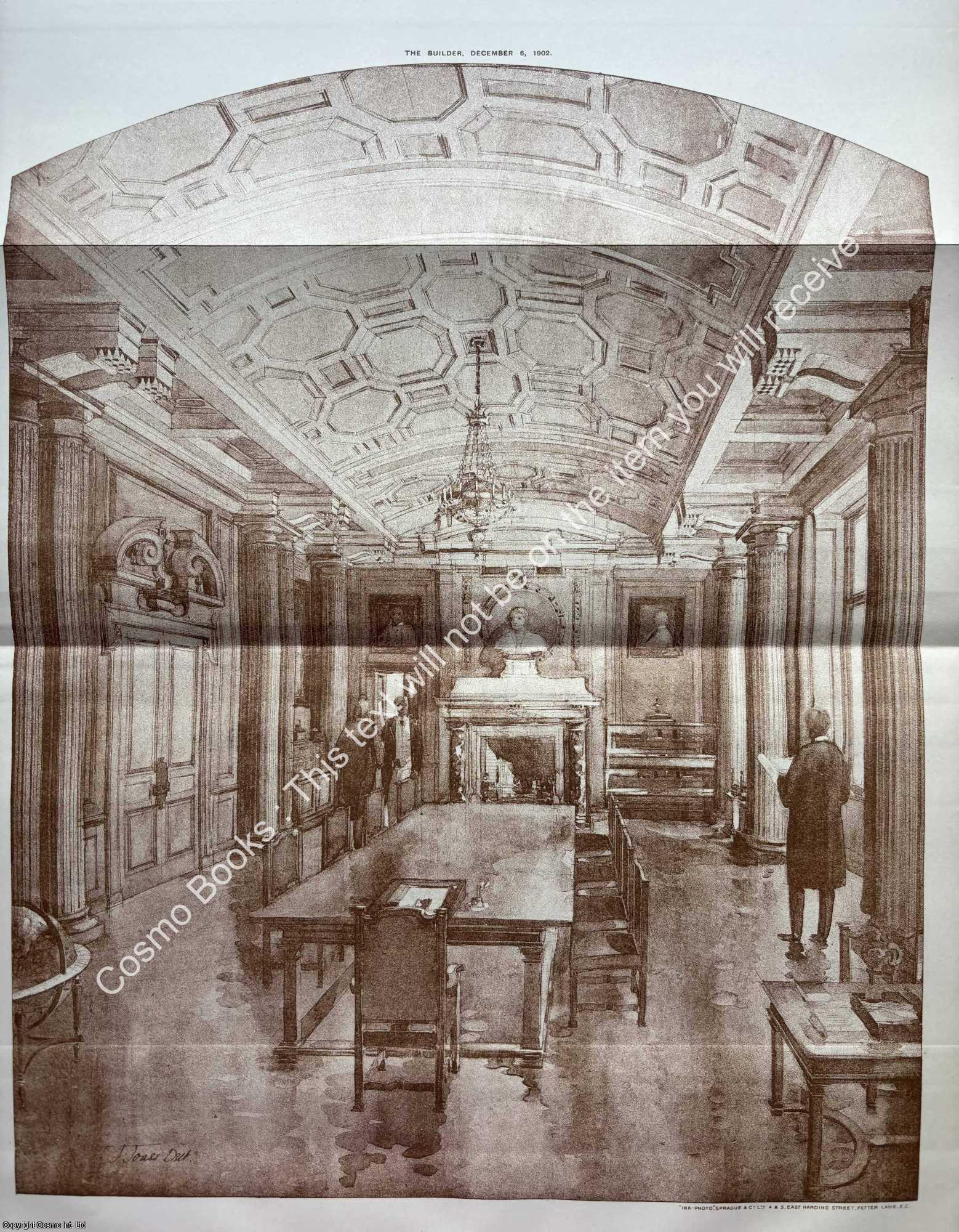 BOARD ROOM OF ELECTRA HOUSE - 1902 : Interior of The Board Room at Electra House. John Belcher, Architect. An original page from The Builder. An Illustrated Weekly Magazine, for the Architect, Engineer, Archaeologist, Constructor, & Art-Lover.