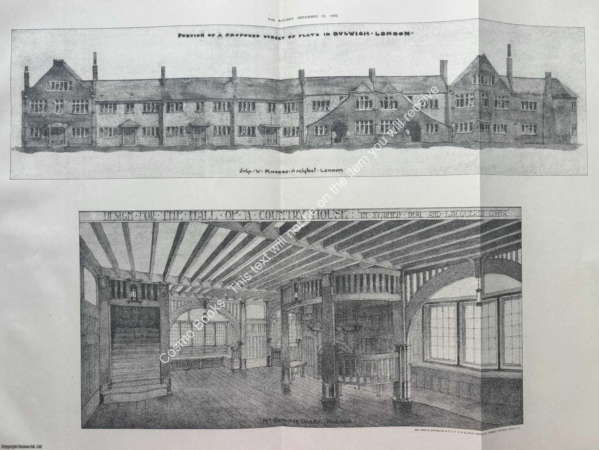 FLATS IN DULWICH - 1902 : Portion of a Proposed Street of Flats in Dulwich, London. John W. Rhodes, Architect. An original page from The Builder. An Illustrated Weekly Magazine, for the Architect, Engineer, Archaeologist, Constructor, & Art-Lover.