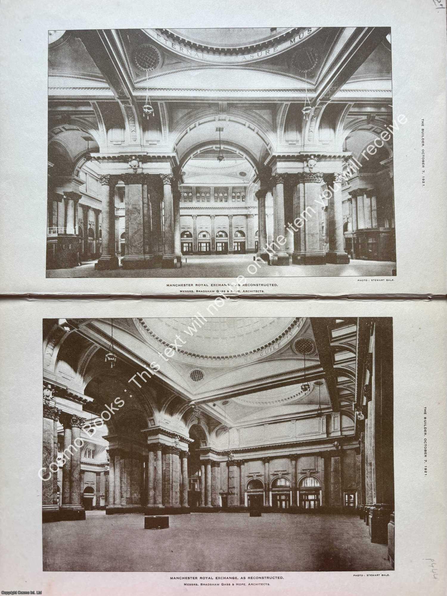 MANCHESTER ROYAL EXCHANGE - 1921 : Manchester Royal Exchange, as Reconstructed. Messrs. Bradshaw Gass and Hope, Architects. An original page from The Builder. An Illustrated Weekly Magazine, for the Architect, Engineer, Archaeologist, Constructor, & Art-Lover.