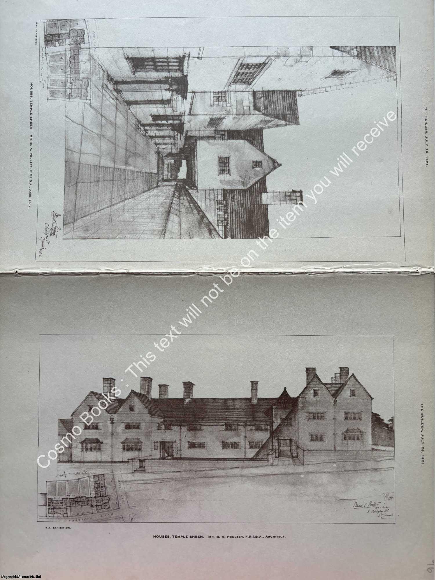 HOUSES, TEMPLE SHEEN - 1921 : Houses, Temple Sheen. B. A. Poulter, Architect. An original page from The Builder. An Illustrated Weekly Magazine, for the Architect, Engineer, Archaeologist, Constructor, & Art-Lover.