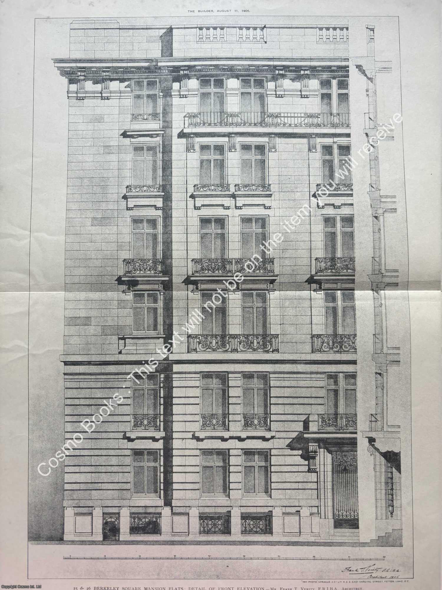 MANSION FLATS - 1906 : 25 and 26 Berkeley Square Mansion Flats: Detail of Front Elevation. Frank T. Verity, Architect. An original page from The Builder. An Illustrated Weekly Magazine, for the Architect, Engineer, Archaeologist, Constructor, & Art-Lover.