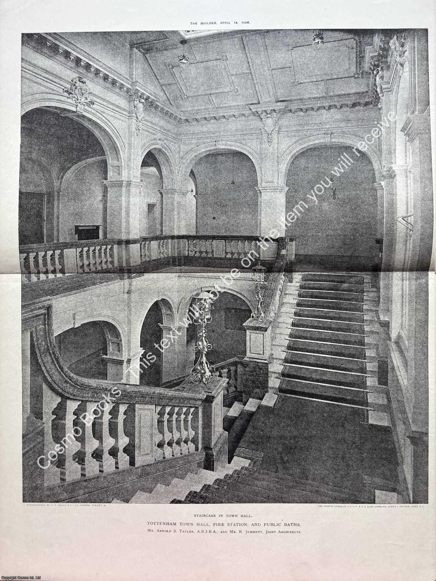TOTTENHAM TOWN HALL - 1906 : Tottenham Town Hall, Fire Station and Public Baths. Arnold S. Tayler and R. Jemmett, Architects. An original page from The Builder. An Illustrated Weekly Magazine, for the Architect, Engineer, Archaeologist, Constructor, & Art-Lover.