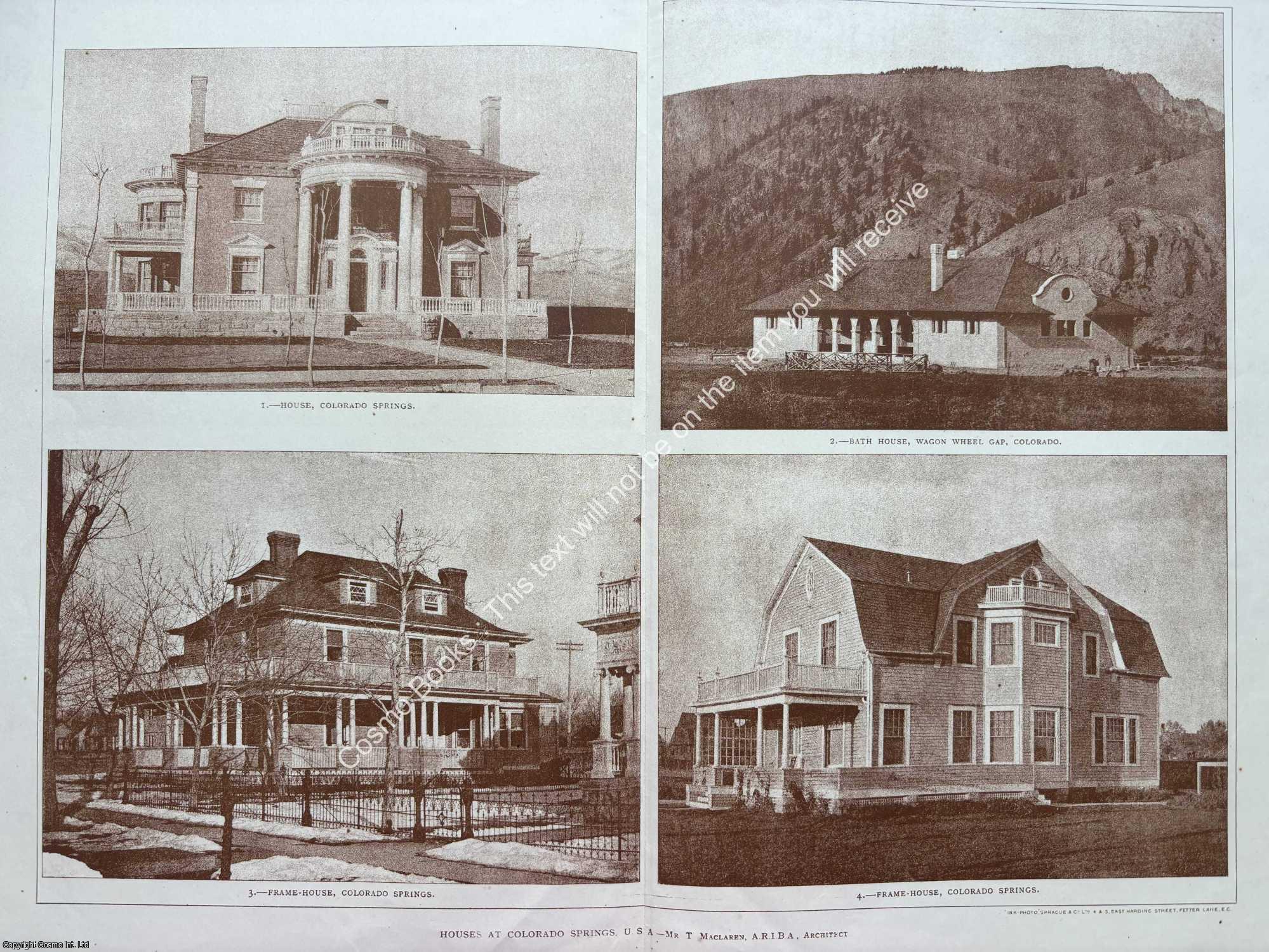 COLORADO SPRINGS, U.S.A. - 1903 : Houses at Colorado Springs, U.S.A. T. Maclaren, Architect. An original page from The Builder. An Illustrated Weekly Magazine, for the Architect, Engineer, Archaeologist, Constructor, & Art-Lover.