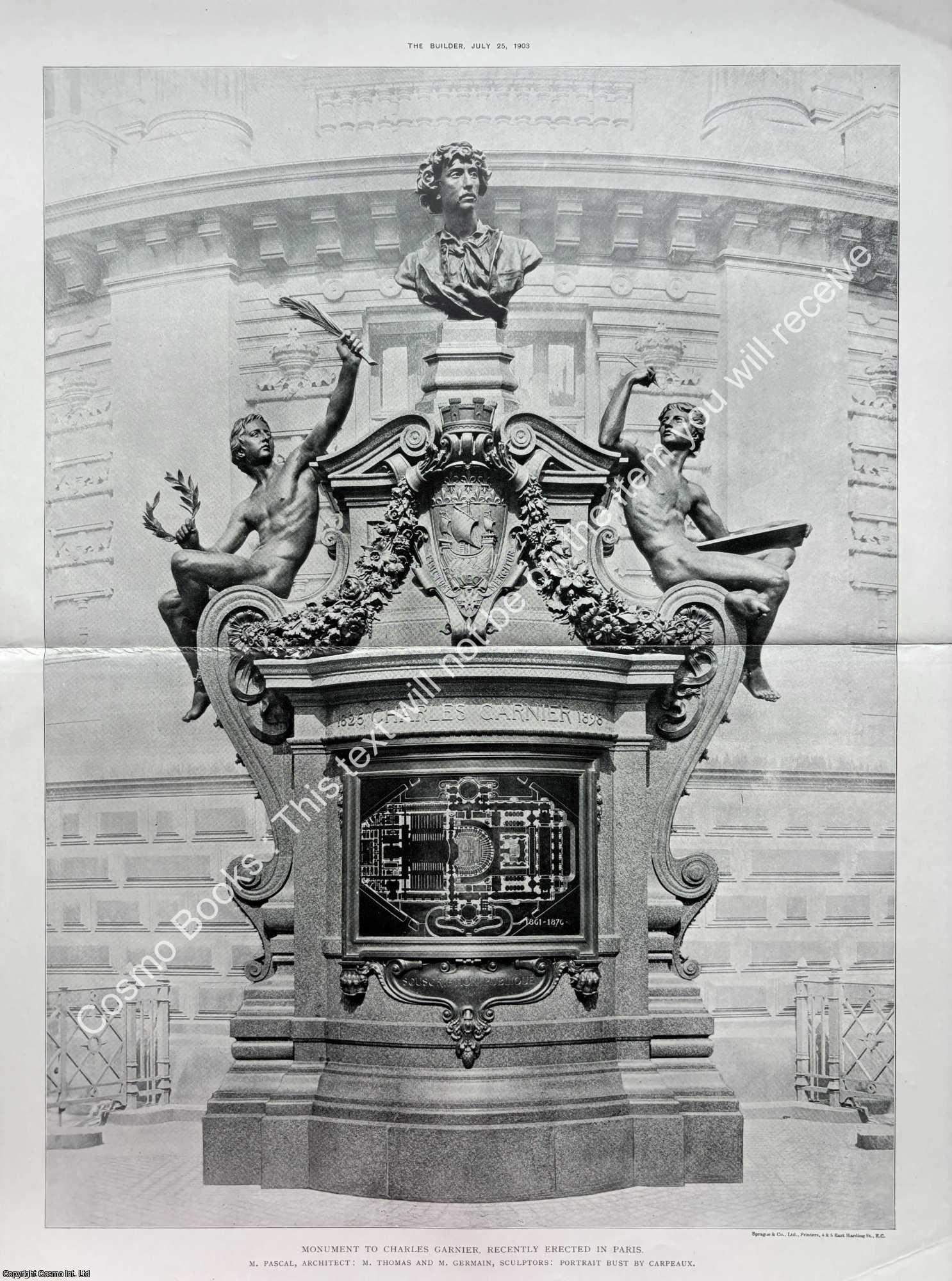 CHARLES GARNIER - 1903 : Monument to Charles Garnier, Erected in Paris. M. Pascal, Architect. An original page from The Builder. An Illustrated Weekly Magazine, for the Architect, Engineer, Archaeologist, Constructor, & Art-Lover.