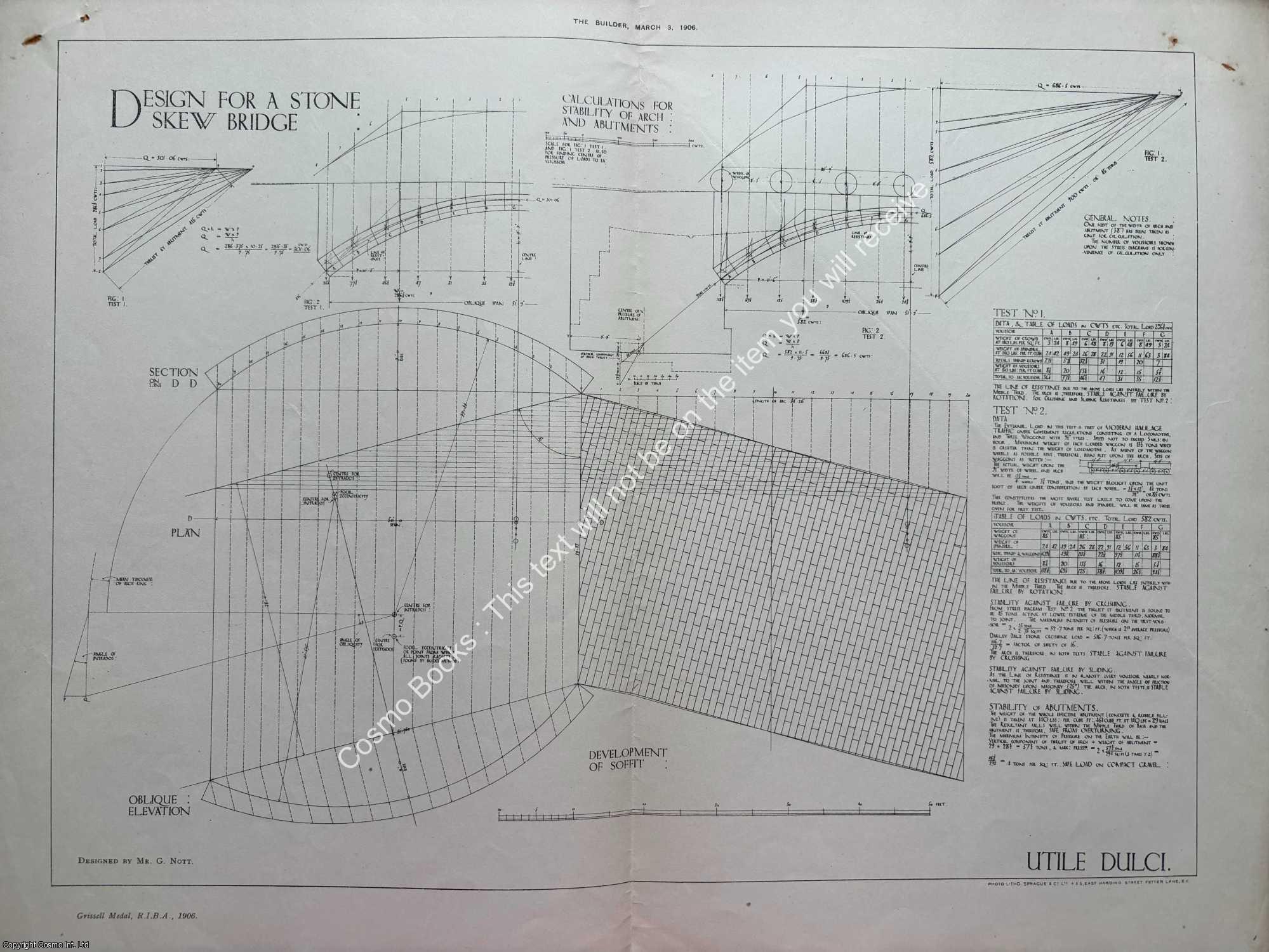 STONE SKEW BRIDGE - 1906 : Design for a Stone Skew Bridge. Designed by G. Nott. An original page from The Builder. An Illustrated Weekly Magazine, for the Architect, Engineer, Archaeologist, Constructor, & Art-Lover.