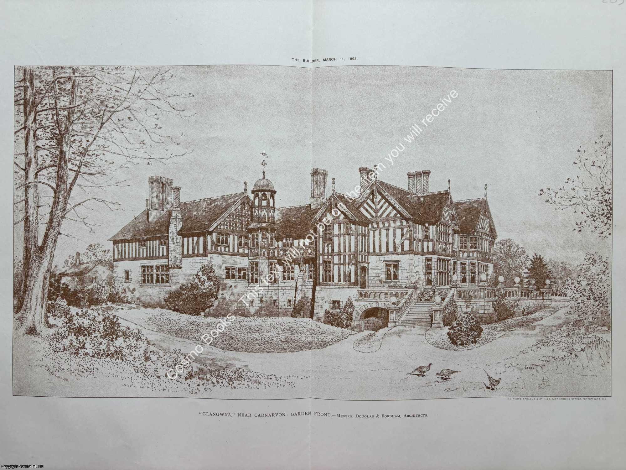 CARNARVON, WALES - 1893 : Glangwna, Near Carnarvon: Entrance and Garden Front. Messrs. Douglas and Fordham, Architects. An original page from The Builder. An Illustrated Weekly Magazine, for the Architect, Engineer, Archaeologist, Constructor, & Art-Lover.