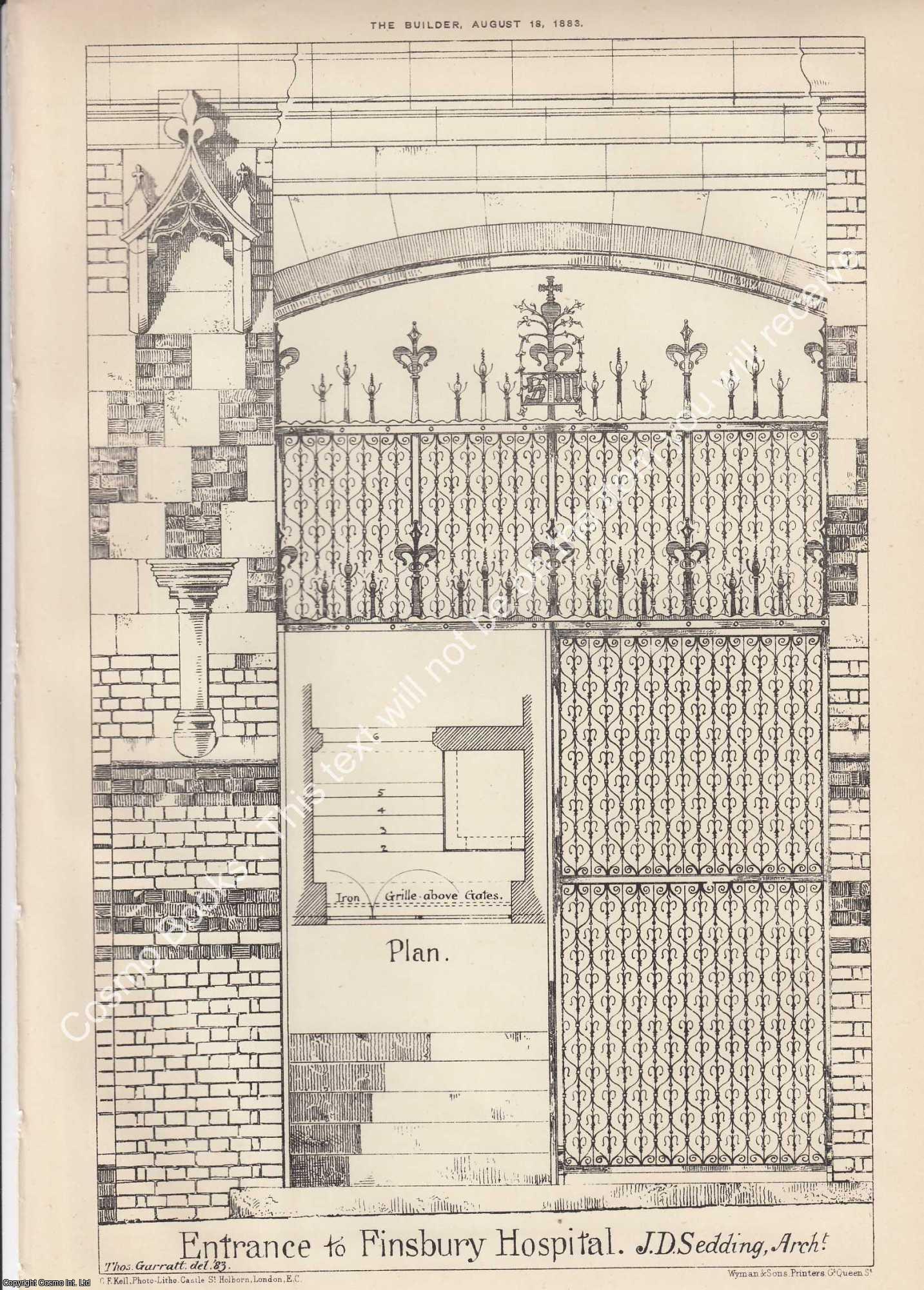 ENTRANCE TO FINSBURY HOSPITAL - 1883 : Entrance to Finsbury Hospital. J. D. Sedding, Architect. An original page from The Builder. An Illustrated Weekly Magazine, for the Architect, Engineer, Archaeologist, Constructor, & Art-Lover.