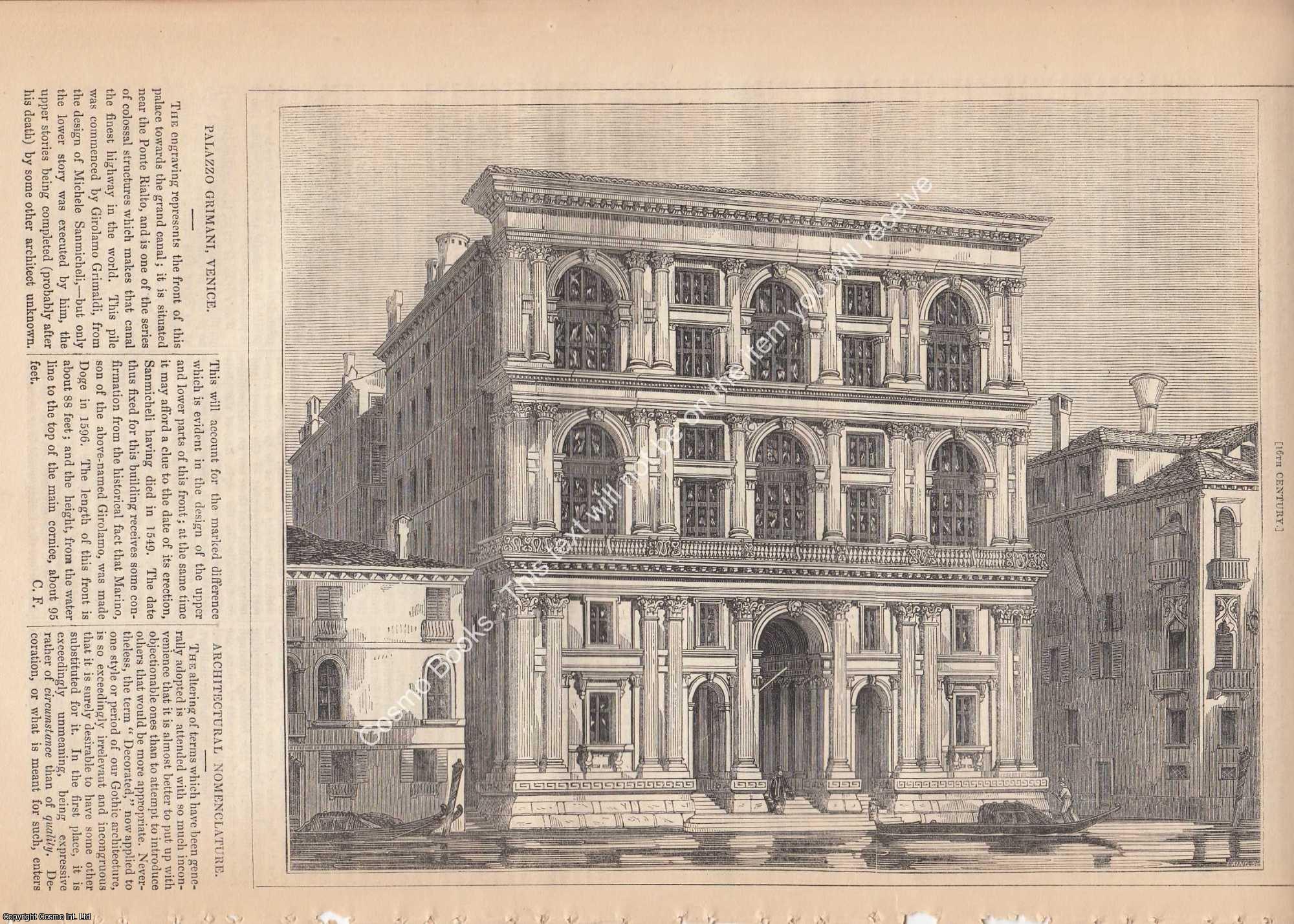 GRIMANI PALACE, VENICE - 1850 : The Grimani Palace, Venice. An original page from The Builder. An Illustrated Weekly Magazine, for the Architect, Engineer, Archaeologist, Constructor, & Art-Lover.