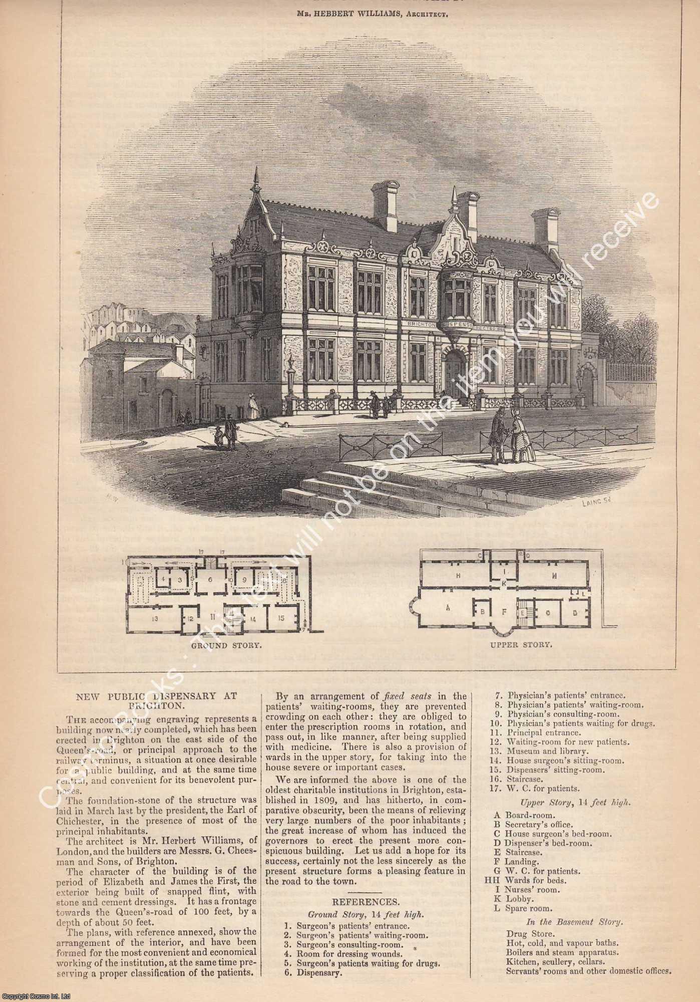BRIGHTON DISPENSARY - 1850 : Brighton Dispensary. Herbert Williams, Architect. An original page from The Builder. An Illustrated Weekly Magazine, for the Architect, Engineer, Archaeologist, Constructor, & Art-Lover.