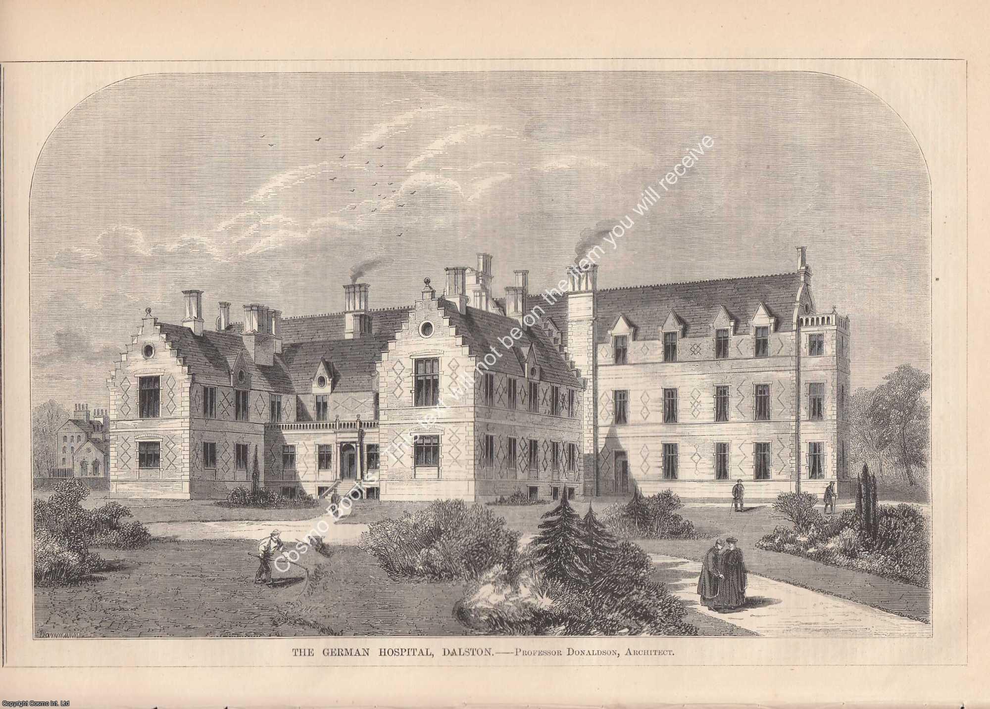 GERMAN HOSPITAL, DALSTON - 1864 : The German Hospital, Dalston. Professor Donaldson, Architect. An original page from The Builder. An Illustrated Weekly Magazine, for the Architect, Engineer, Archaeologist, Constructor, & Art-Lover.