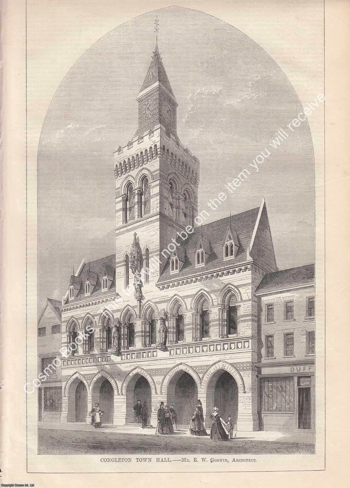CONGLETON TOWN HALL - 1864 : Congleton Town Hall. E. W. Godwin, Architect. An original page from The Builder. An Illustrated Weekly Magazine, for the Architect, Engineer, Archaeologist, Constructor, & Art-Lover.
