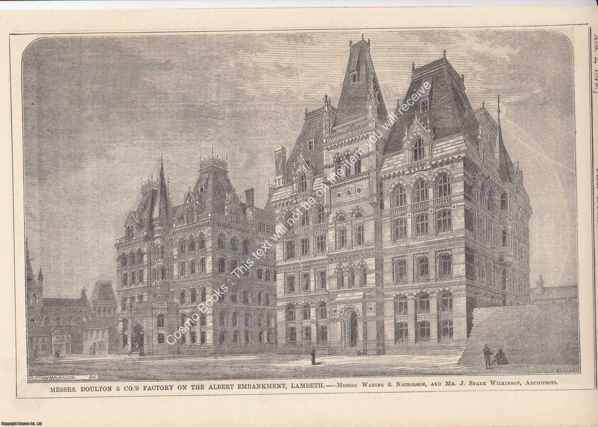 FACTORY ON THE ALBERT EMBANKMENT, LAMBETH - 1879 : Messrs. Doulton and Co.'s Factory on The Albert Embankment, Lambeth. Messrs. Waring and Nicholson, Architects. An original page from The Builder. An Illustrated Weekly Magazine, for the Architect, Engineer, Archaeologist, Constructor, & Art-Lover.