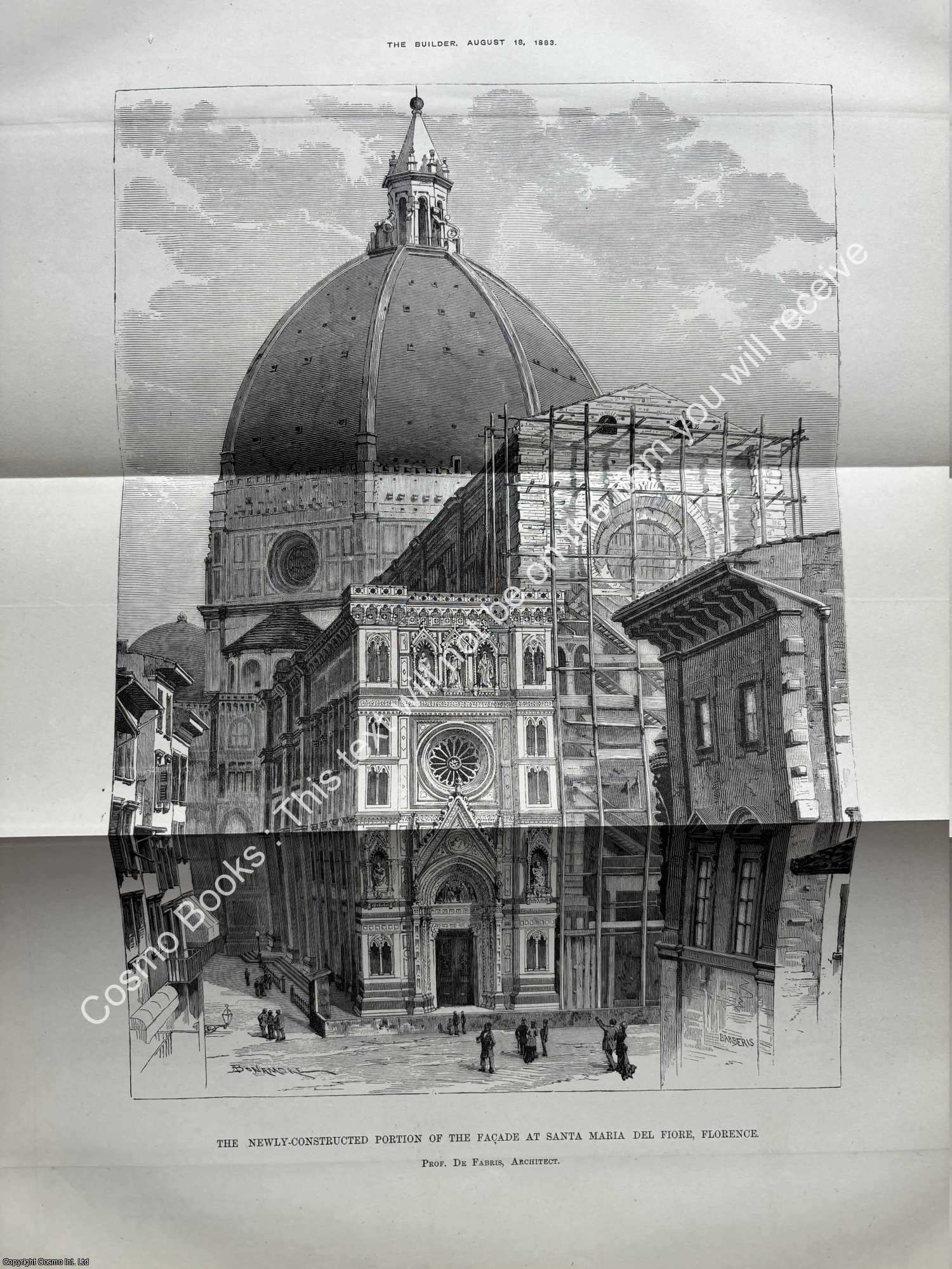 FAÇADE AT SANTA MARIA DEL FIORE, FLORENCE - 1883: The Newly-Constructed Portion of The Façade at Santa Maria Del Fiore, Florence. Professor de Fabris, Architect. An original page from The Builder. An Illustrated Weekly Magazine, for the Architect, Engineer, Archaeologist, Constructor, & Art-Lover.