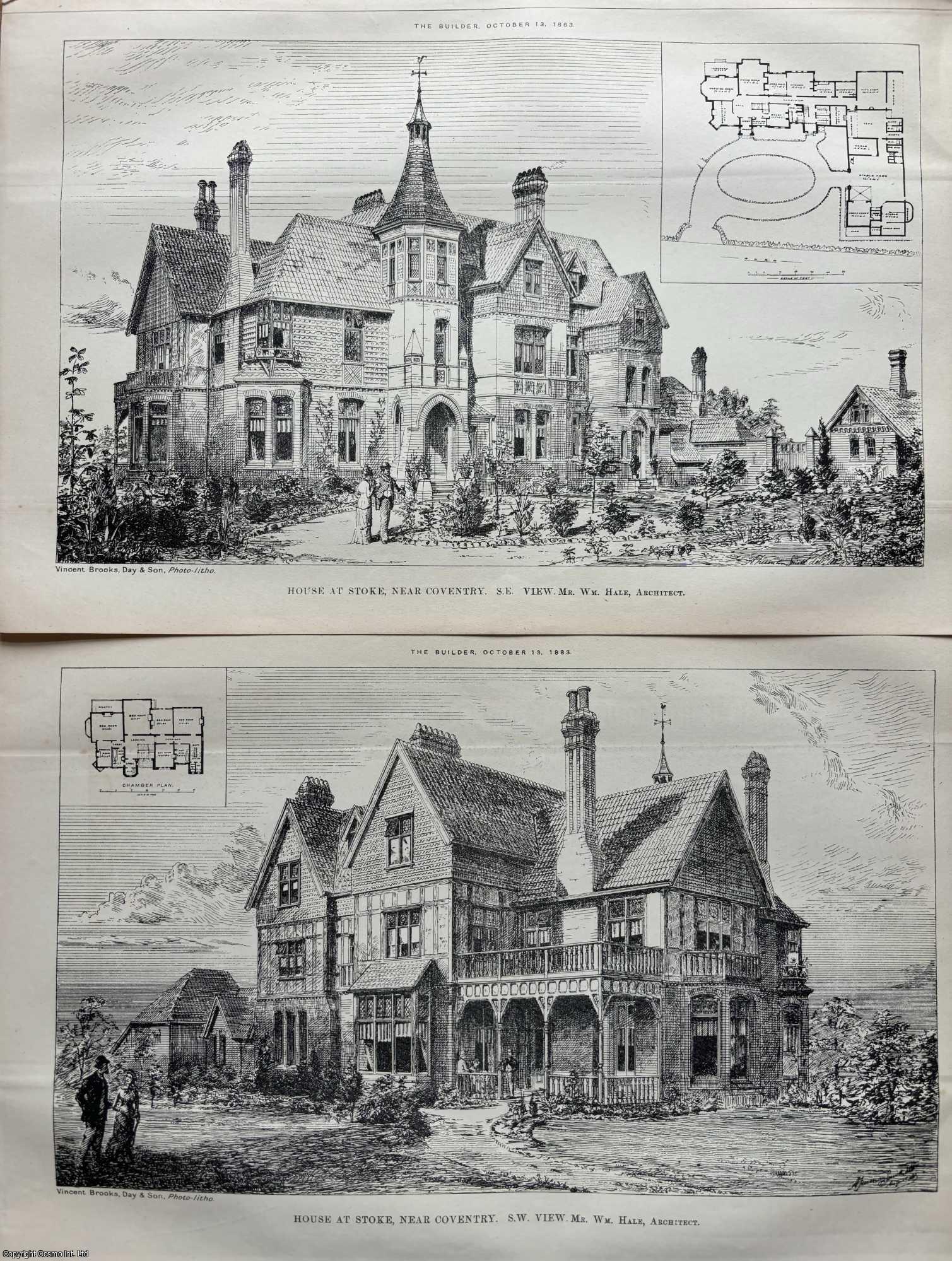 HOUSE IN STOKE, COVENTRY - 1883 : A House at Stoke, Near Coventry. South East View. William Hale, Architect. An original page from The Builder. An Illustrated Weekly Magazine, for the Architect, Engineer, Archaeologist, Constructor, & Art-Lover.
