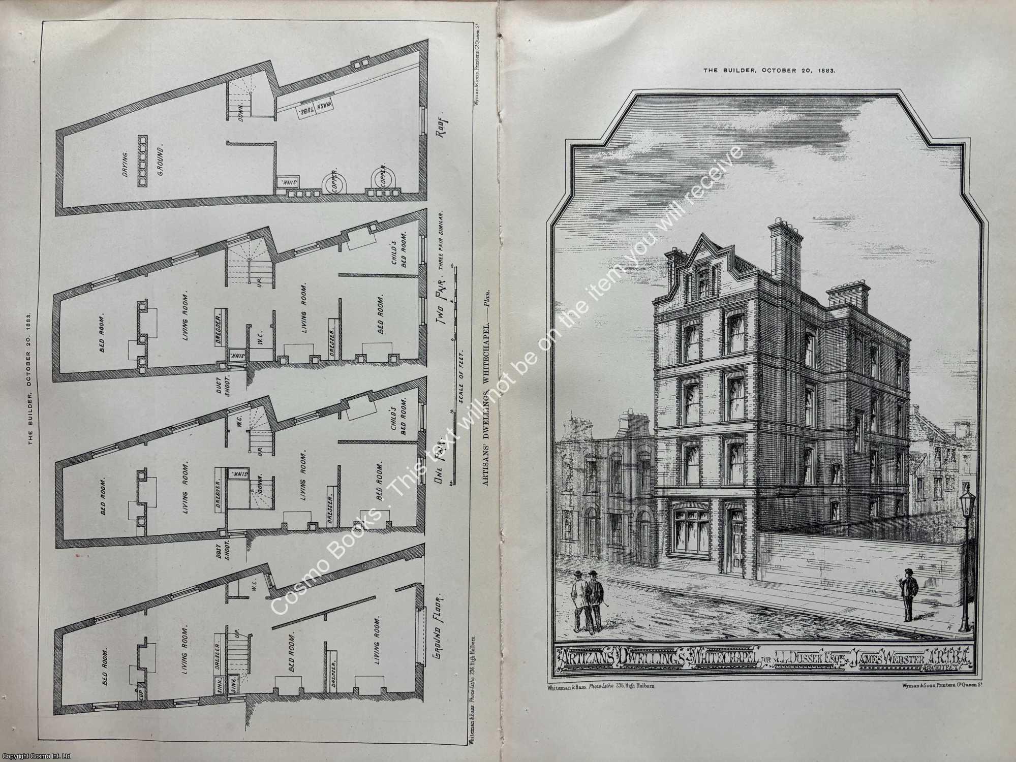 DWELLINGS, WHITECHAPEL - 1883 : Artizans Dwellings, Whitechapel for A. L. Dussek Esq. James Webster, Architect. An original page from The Builder. An Illustrated Weekly Magazine, for the Architect, Engineer, Archaeologist, Constructor, & Art-Lover.