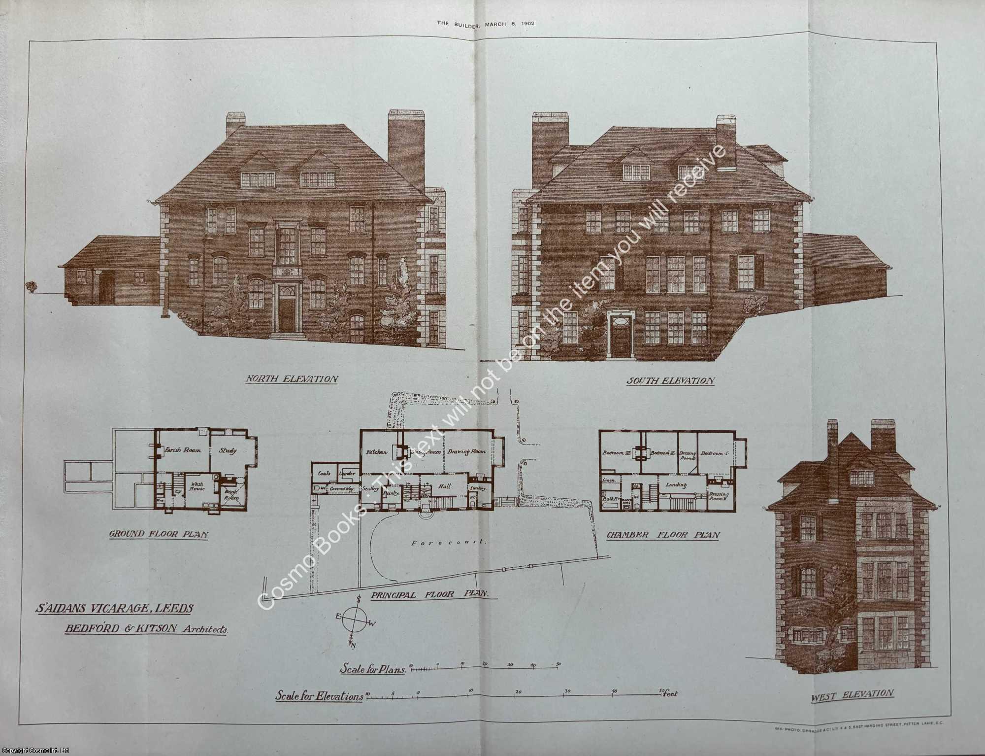 S'AIDANS VICARAGE, LEEDS - 1902 : S'Aidans Vicarage, Leeds. Messrs. Bedford and Kitson, Architects. An original page from The Builder. An Illustrated Weekly Magazine, for the Architect, Engineer, Archaeologist, Constructor, & Art-Lover.