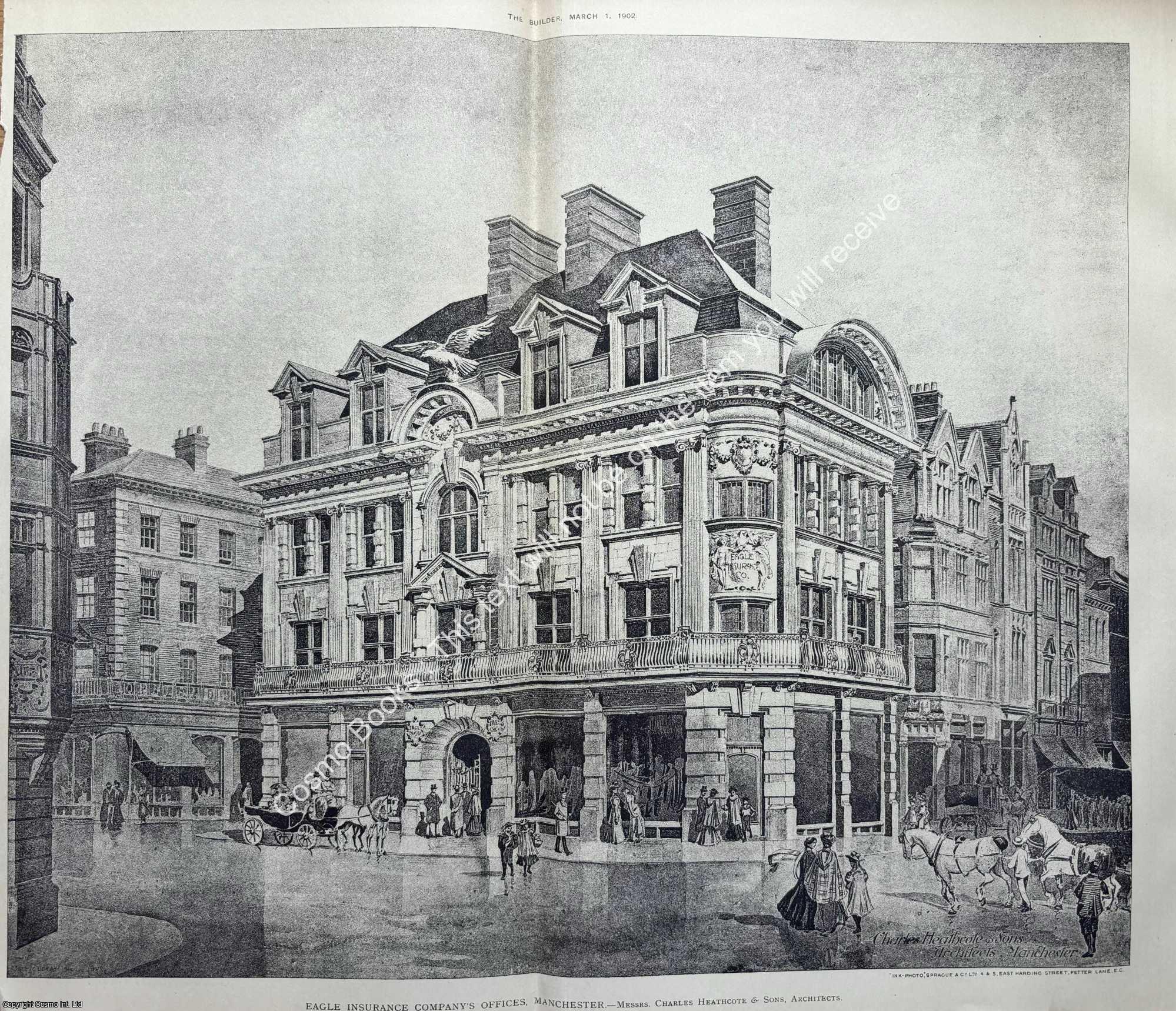 EAGLE INSURANCE OFFICES, MANCHESTER - 1902 : Eagle Insurance Company's Offices, Manchester. Charles Heathcote and Sons, Architects. An original page from The Builder. An Illustrated Weekly Magazine, for the Architect, Engineer, Archaeologist, Constructor, & Art-Lover.