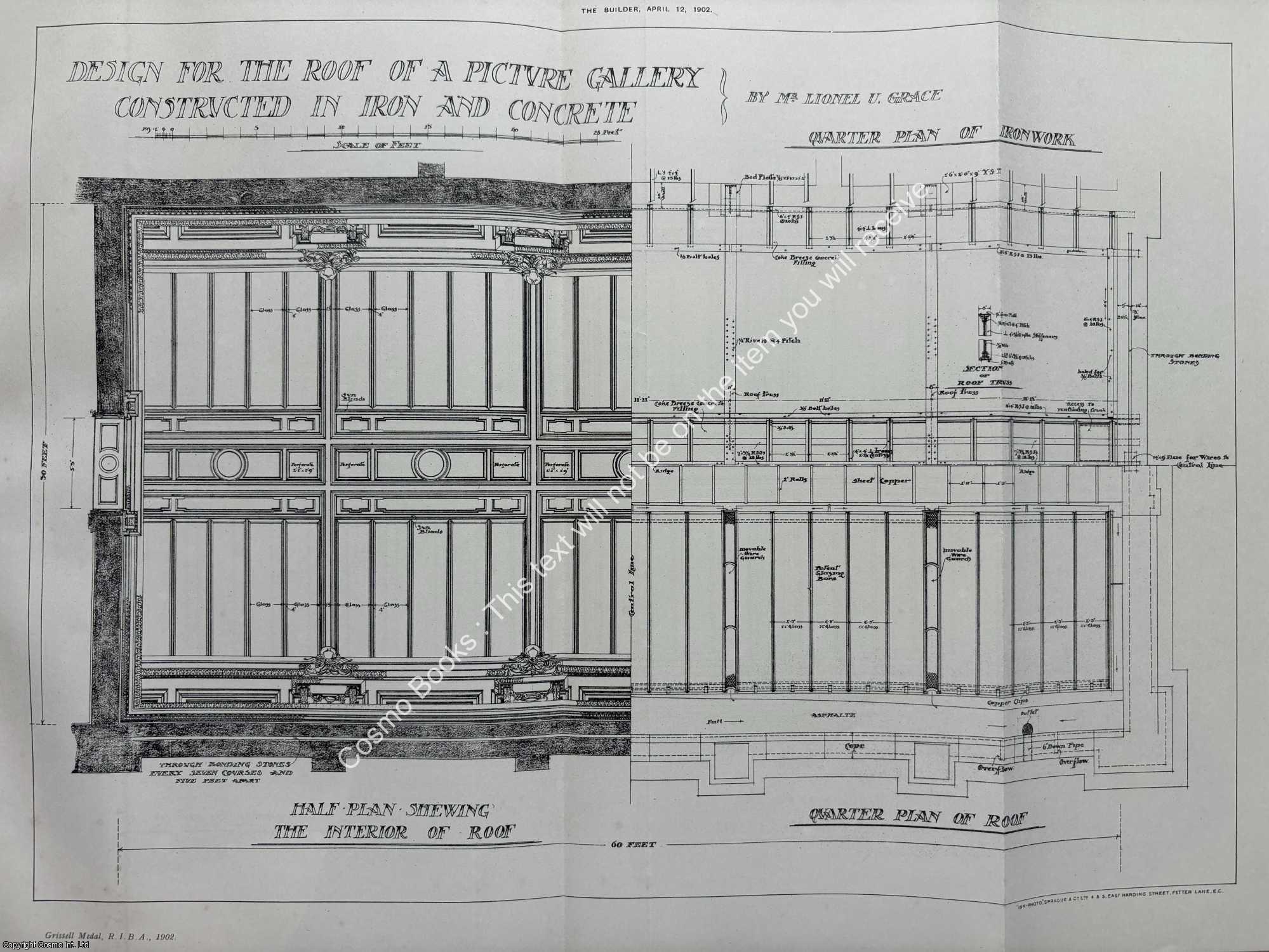 ROOF OF A PICTURE GALLERY - 1902 : Design for The Roof of a Picture Gallery Constructed in Iron and Concrete. An original page from The Builder. An Illustrated Weekly Magazine, for the Architect, Engineer, Archaeologist, Constructor, & Art-Lover.