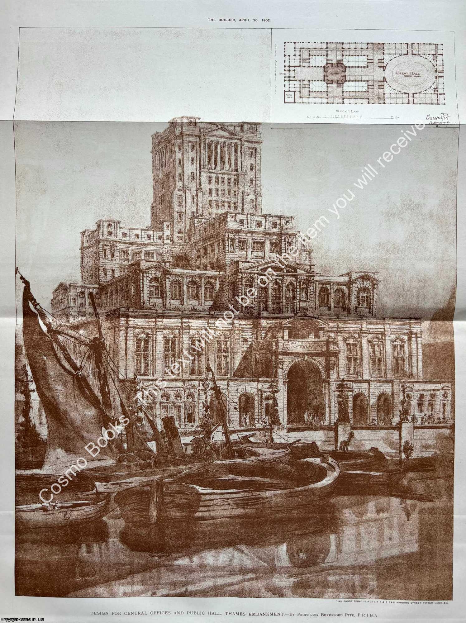 PUBLIC OFFICES AND PUBLIC HALL - 1902 : Design for Central Offices and Public Hall, Thames Embankment. An original page from The Builder. An Illustrated Weekly Magazine, for the Architect, Engineer, Archaeologist, Constructor, & Art-Lover.