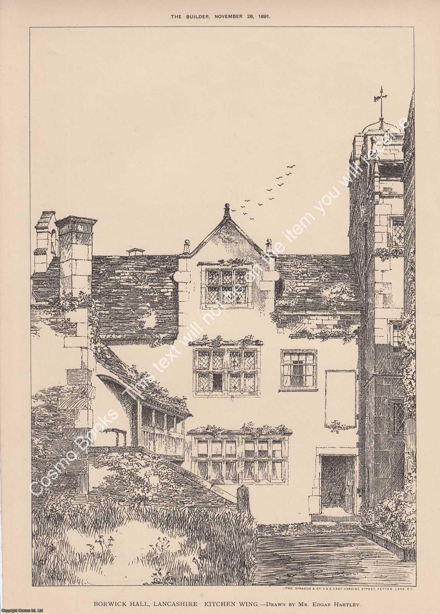 BORWICK HALL - 1891 : Borwick Hall, Lancashire: Kitchen Wing. An original page from The Builder. An Illustrated Weekly Magazine, for the Architect, Engineer, Archaeologist, Constructor, & Art-Lover.