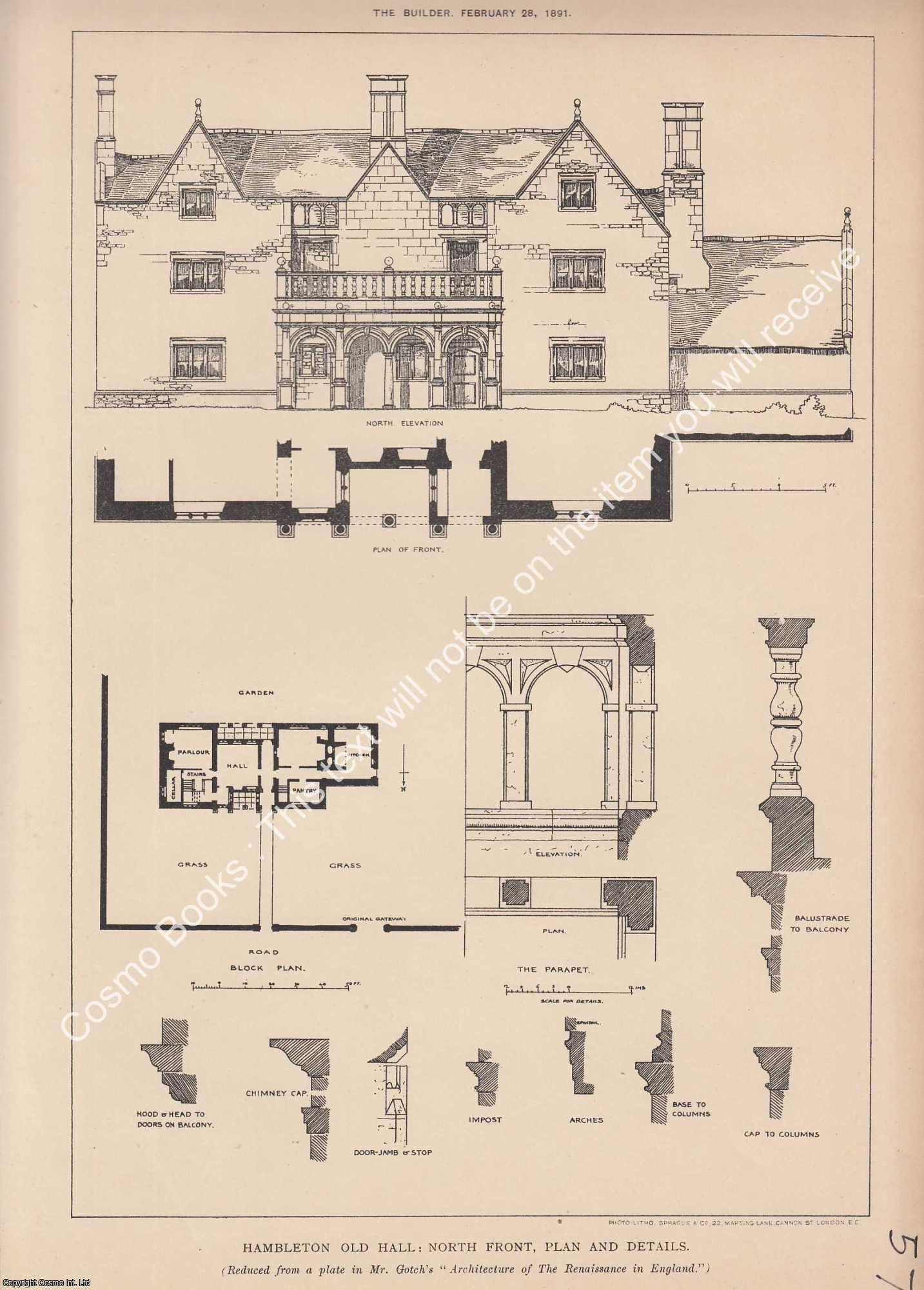 HAMBLETON OLD HALL - 1891 : Hambleton Old Hall: North Front, Plan and Details. An original page from The Builder. An Illustrated Weekly Magazine, for the Architect, Engineer, Archaeologist, Constructor, & Art-Lover.