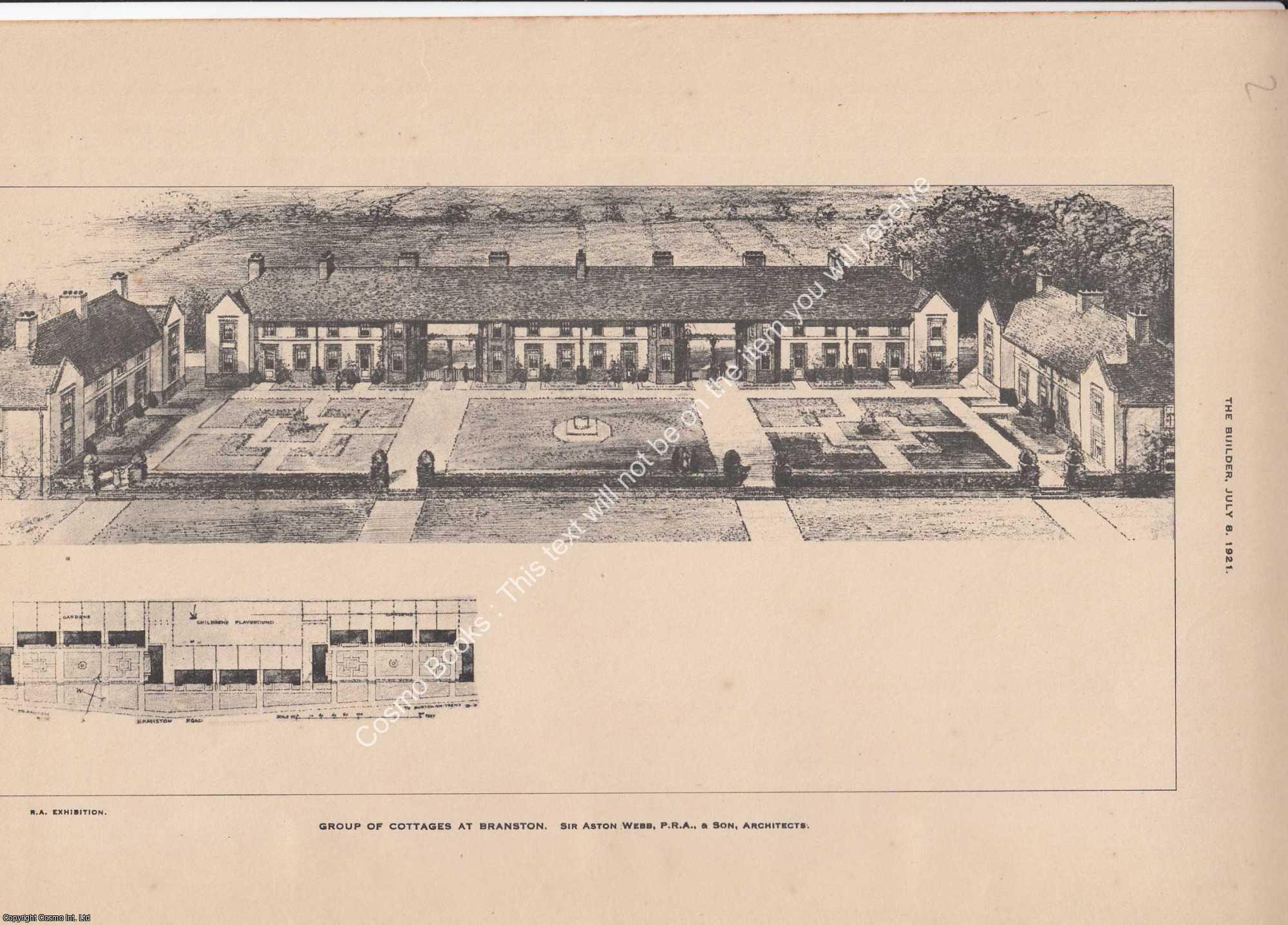 COTTAGES AT BRANSTON - 1921 : A Group of Cottages at Branston. Aston Webb and Son, Architects. An original page from The Builder. An Illustrated Weekly Magazine, for the Architect, Engineer, Archaeologist, Constructor, & Art-Lover.