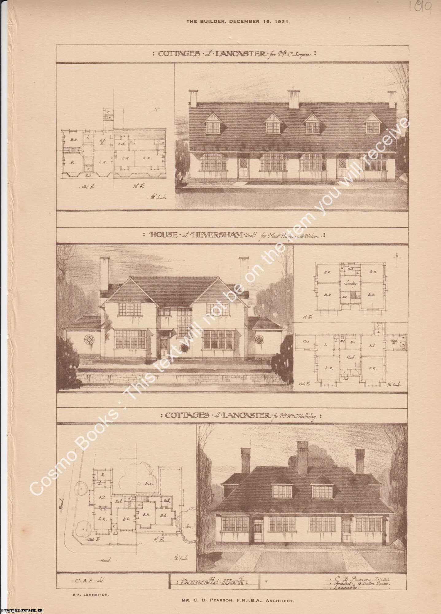 HOUSE OF HEVERSHAM - 1921 : House of Heversham, Cottages at Lancaster. C. B. Pearson, Architect. An original page from The Builder. An Illustrated Weekly Magazine, for the Architect, Engineer, Archaeologist, Constructor, & Art-Lover.