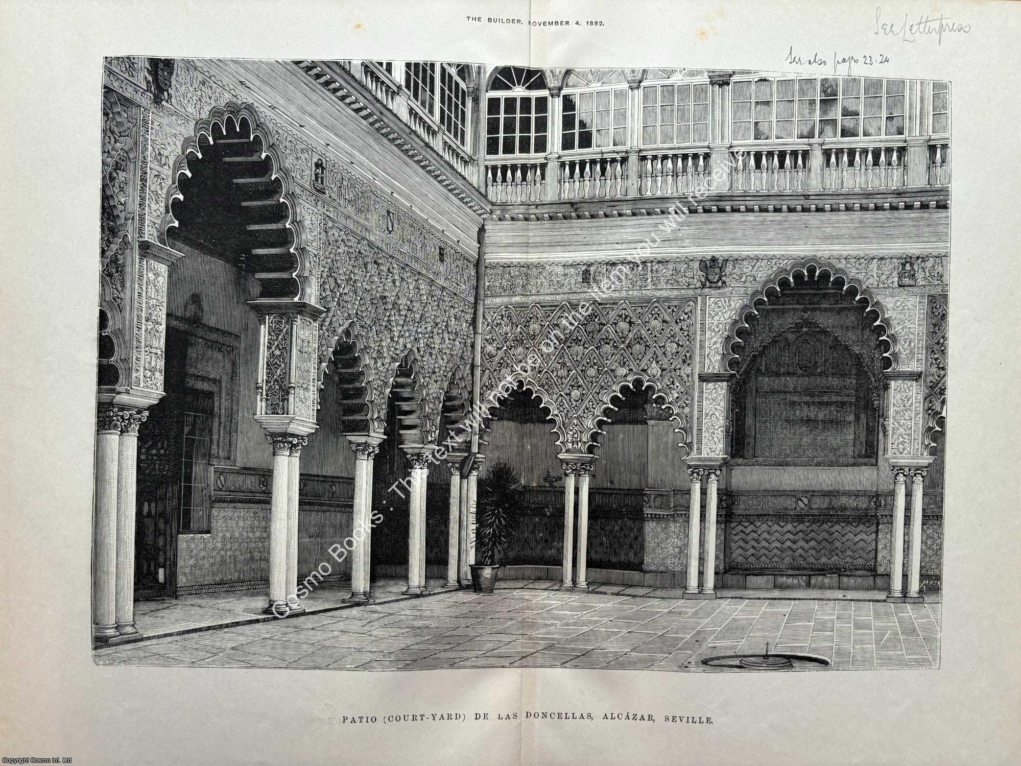 DE LAS DONCELLAS - 1882 : De Las Doncellas, Alcazar, Seville. An original page from The Builder. An Illustrated Weekly Magazine, for the Architect, Engineer, Archaeologist, Constructor, & Art-Lover.