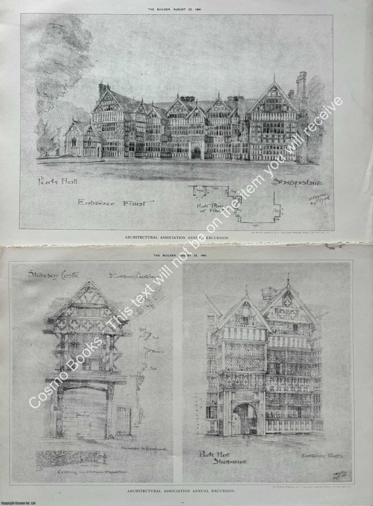 ARCHITECTURAL EXCURSION - 1891 : Architectural Excursion: Stokesay Castle, Park Hall Shropshire. An original page from The Builder. An Illustrated Weekly Magazine, for the Architect, Engineer, Archaeologist, Constructor, & Art-Lover.