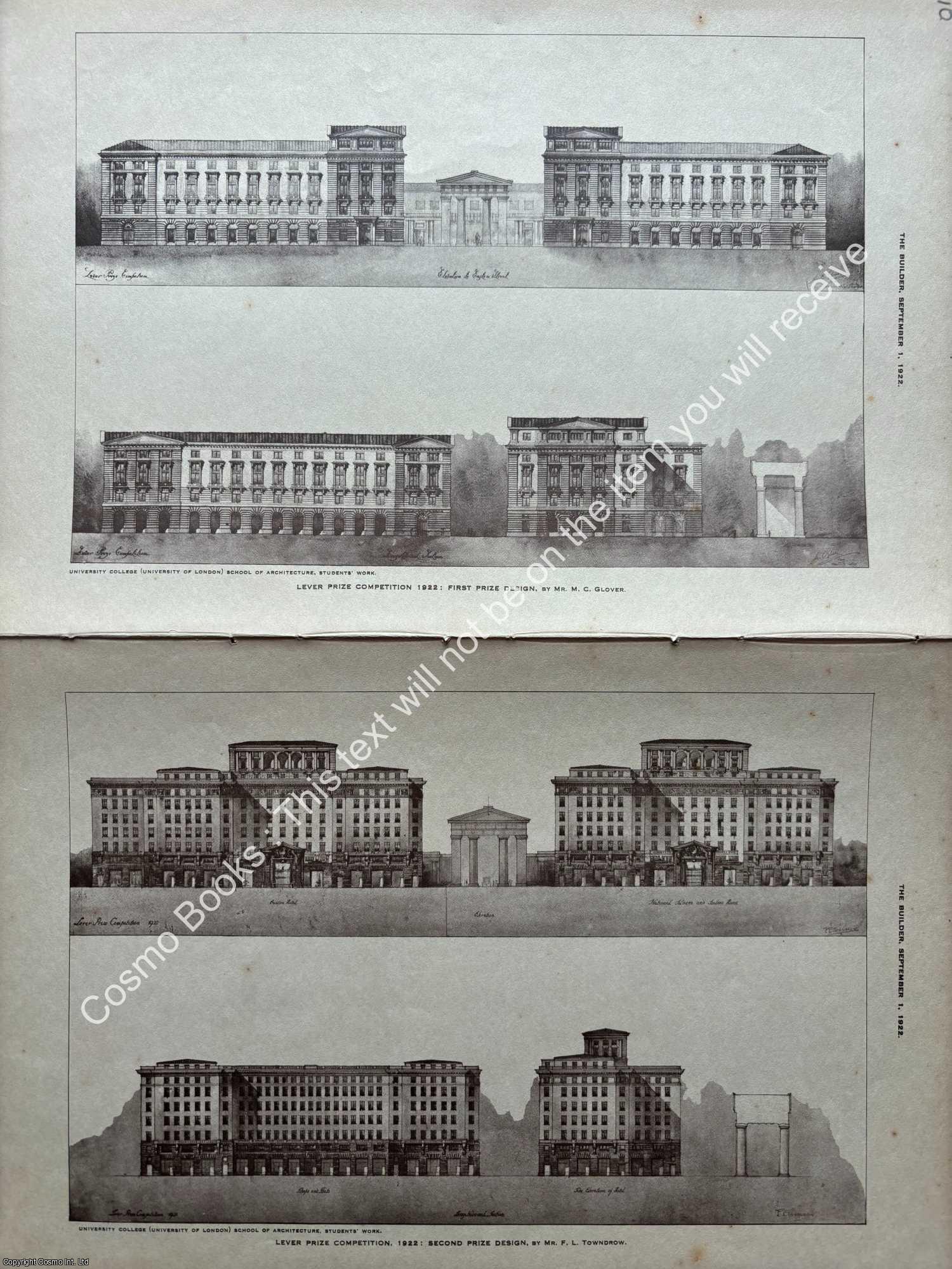 LEVER PRIZE COMPETITION - 1922 : Lever Prize Competition, 1922. First and Second Place Design. An original page from The Builder. An Illustrated Weekly Magazine, for the Architect, Engineer, Archaeologist, Constructor, & Art-Lover.