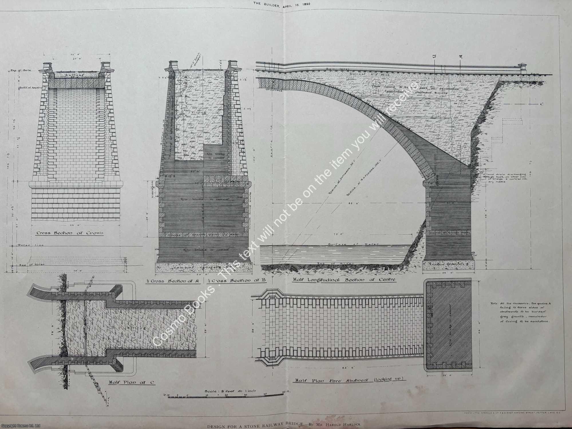 RAILWAY BRIDGE - 1892 : Design for a Stone Railway Bridge. An original page from The Builder. An Illustrated Weekly Magazine, for the Architect, Engineer, Archaeologist, Constructor, & Art-Lover.