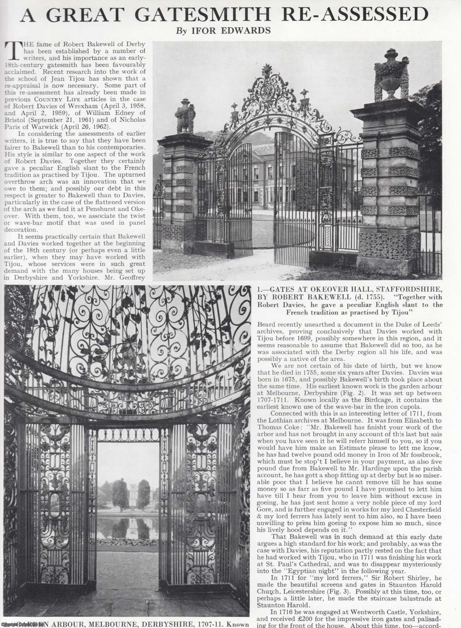 Ifor Edwards - A Great Gatesmith, Robert Bakewell Re-Assessed, Derbyshire and Staffordshire. Several pictures and accompanying text, removed from an original issue of Country Life Magazine, 1962.