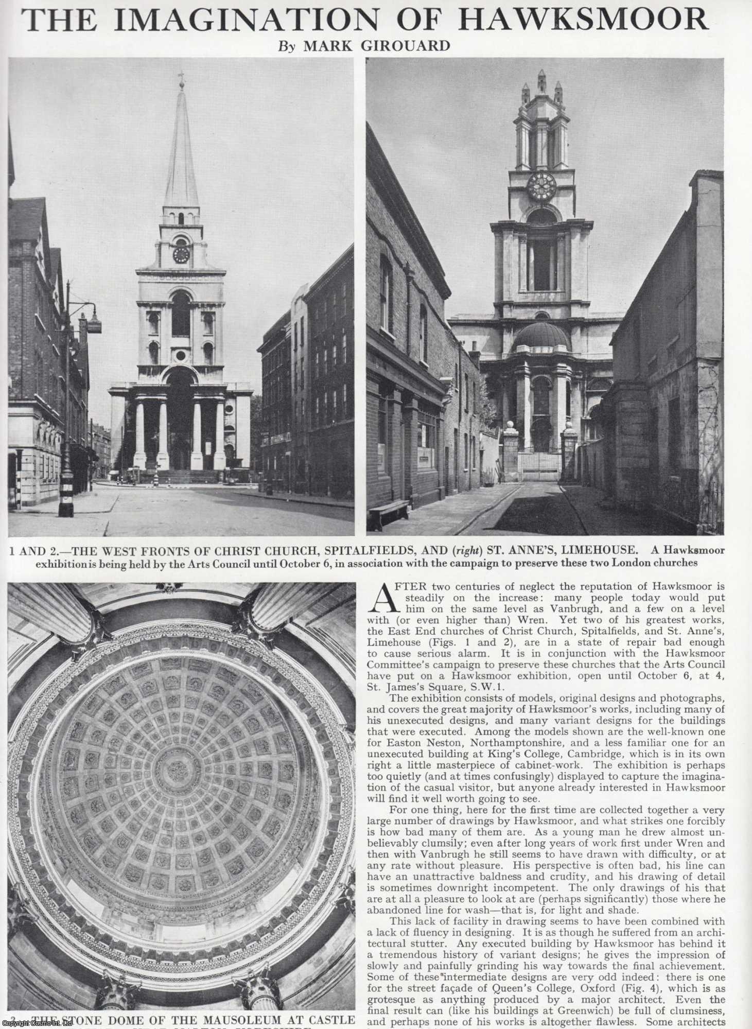 Mark Girouard - The Imagination of Hawksmoor. Several pictures and accompanying text, removed from an original issue of Country Life Magazine, 1962.