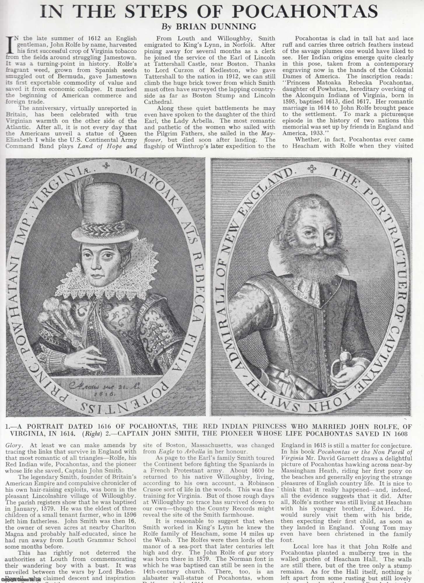 Brian Dunning - In the Steps of Pocahontas, The Red Indian Princess. Several pictures and accompanying text, removed from an original issue of Country Life Magazine, 1962.