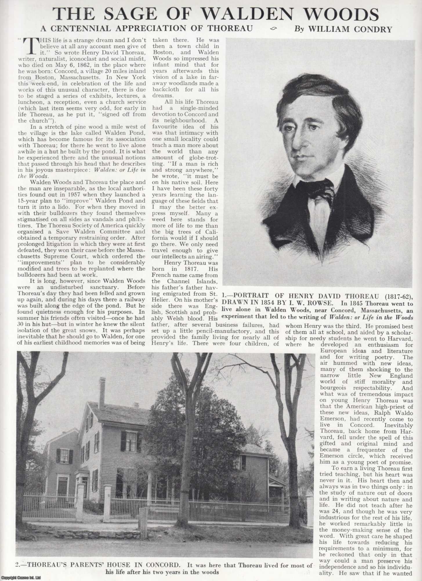 William Condry - The Sage of Walden Woods - A Centennial Appreciation of Thoreau, writer, naturalist, iconoclast & social misfit. Several pictures and accompanying text, removed from an original issue of Country Life Magazine, 1962.