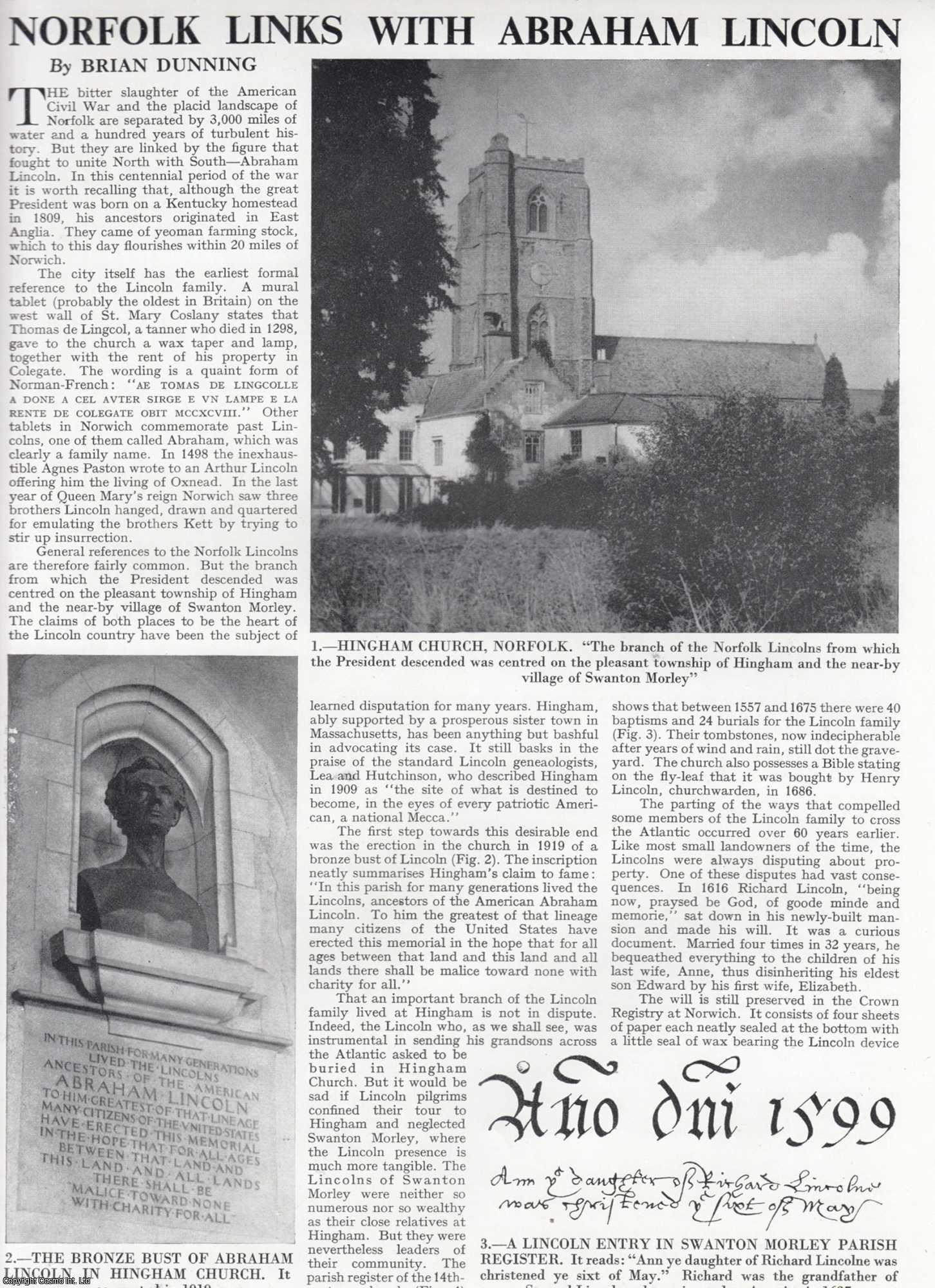 Brian Dunning - Norfolk Links with Abraham Lincoln. Several pictures and accompanying text, removed from an original issue of Country Life Magazine, 1962.