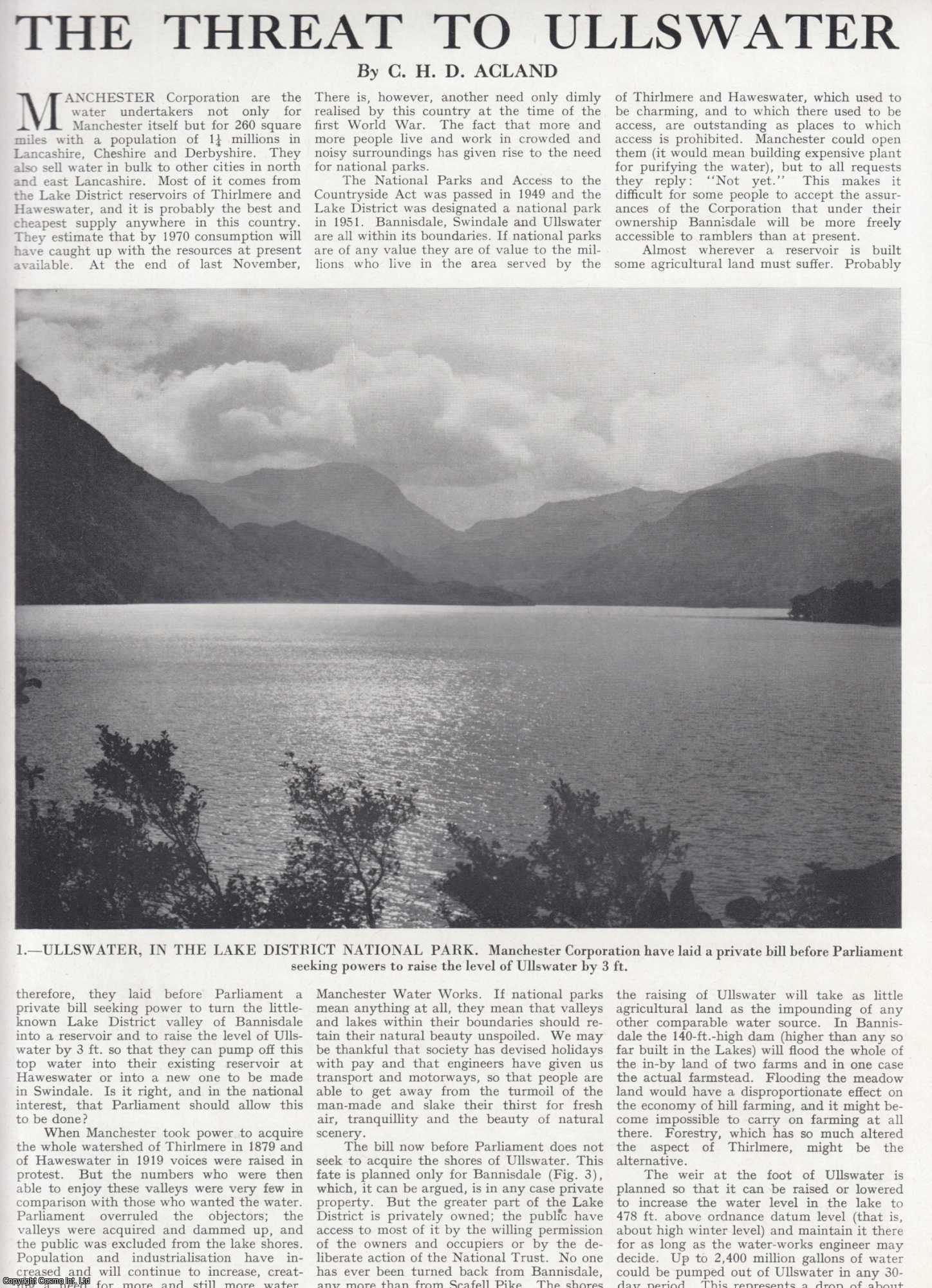 C. H. D. Acland - The Threat to Ullswater, in the Lake District National Park, Manchester Corporation. Several pictures and accompanying text, removed from an original issue of Country Life Magazine, 1962.
