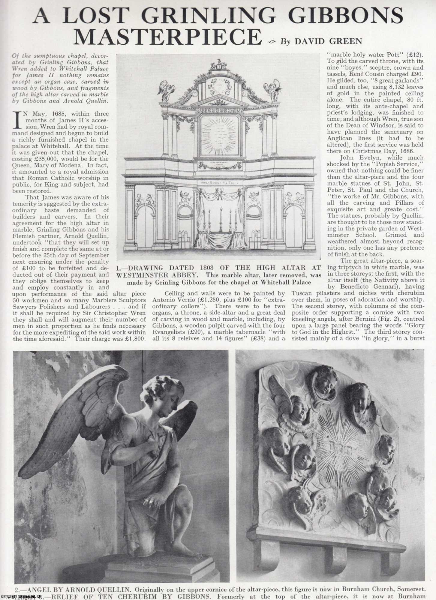 David Green - A Lost Grinling Gibbons Masterpiece. Several pictures and accompanying text, removed from an original issue of Country Life Magazine, 1962.