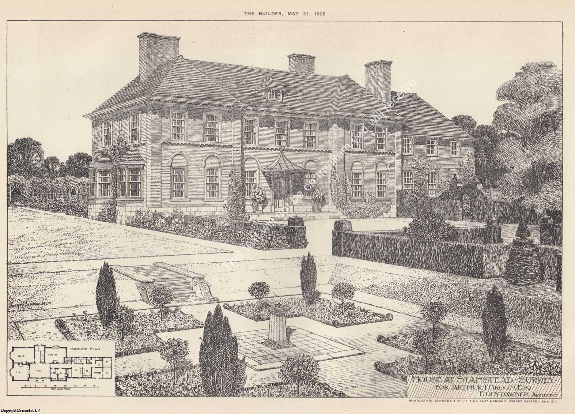 HOUSE AT STANSTEAD, SURREY - 1902 : House at Stanstead, Surrey for Arthur Groom. E. Guy Dawber, Architect. An original page from The Builder. An Illustrated Weekly Magazine, for the Architect, Engineer, Archaeologist, Constructor, & Art-Lover.